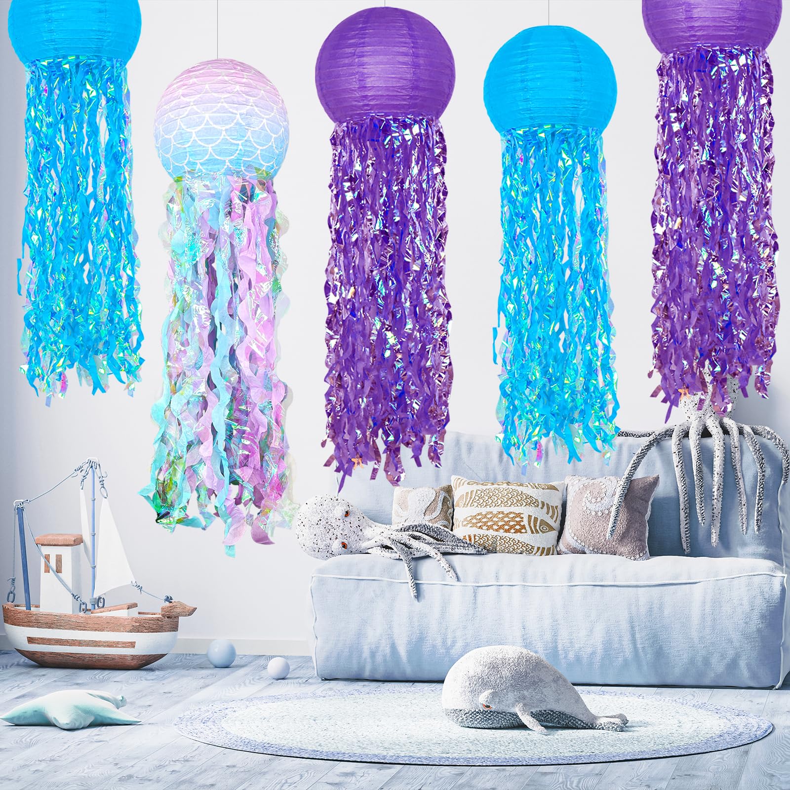 Blue Purple Hanging Jelly Fish Paper Lanterns, Gradient Colorful Paper Lanterns For Mermaid Theme Party, Turtle Party, Under The