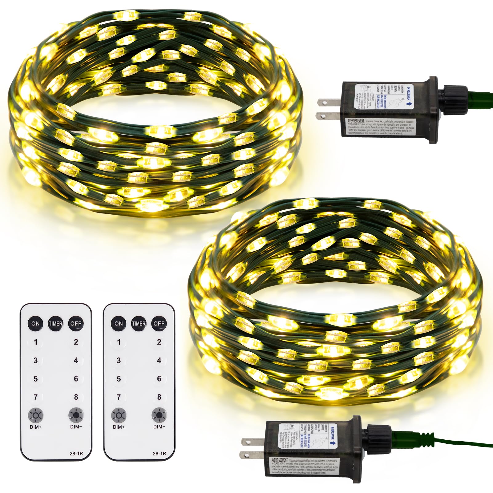 echosari 2 Pack Fairy String Lights, 33FT Green Wire, 100 Warm White LEDs, IP68 Waterproof, 8 Modes Timer, Model DMO-300