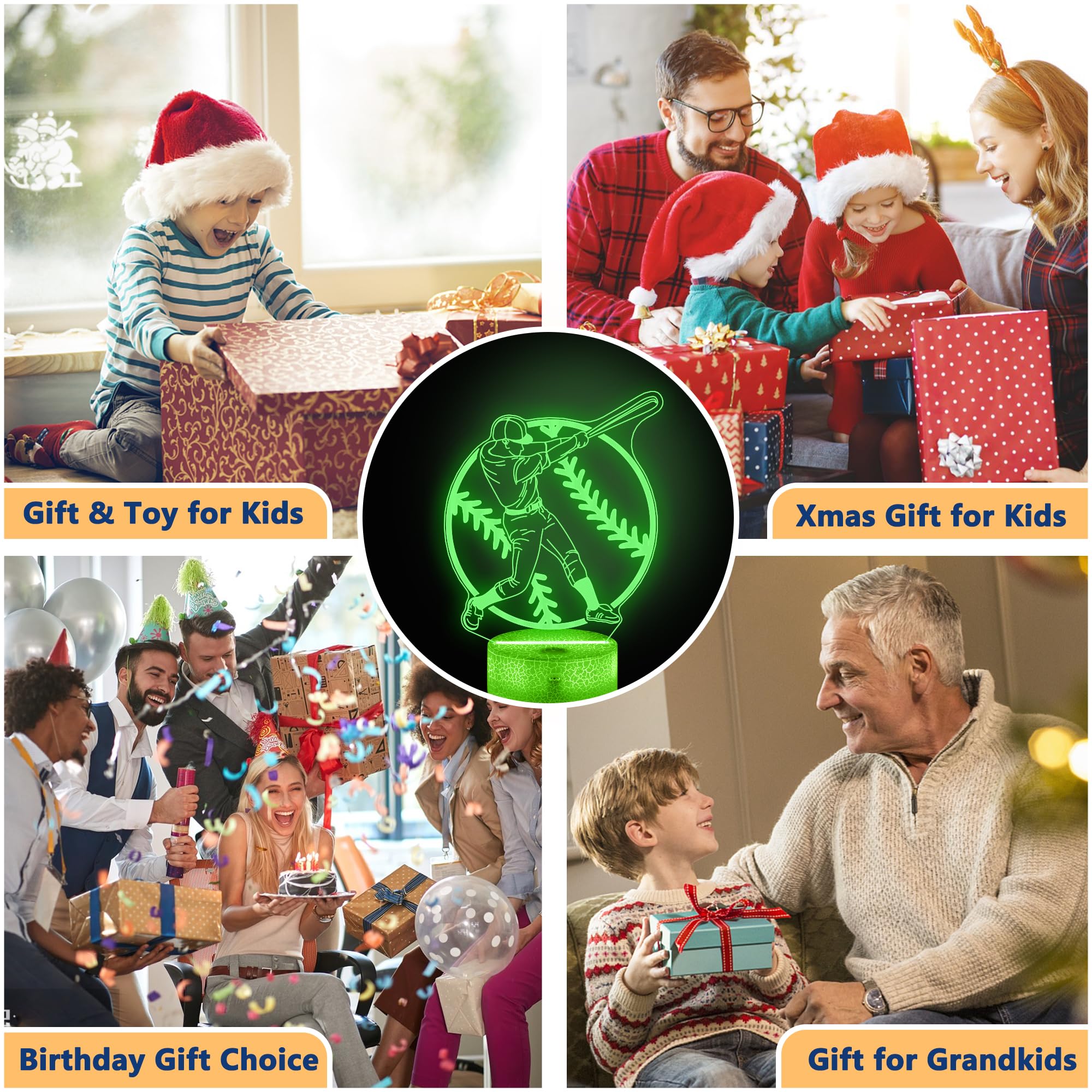 OkiyiD Baseball 3D Illusion Lamp, Remote Control Night Light, 16 Colors, Boys Room Decor, Model FS-2810-9999, Color 12