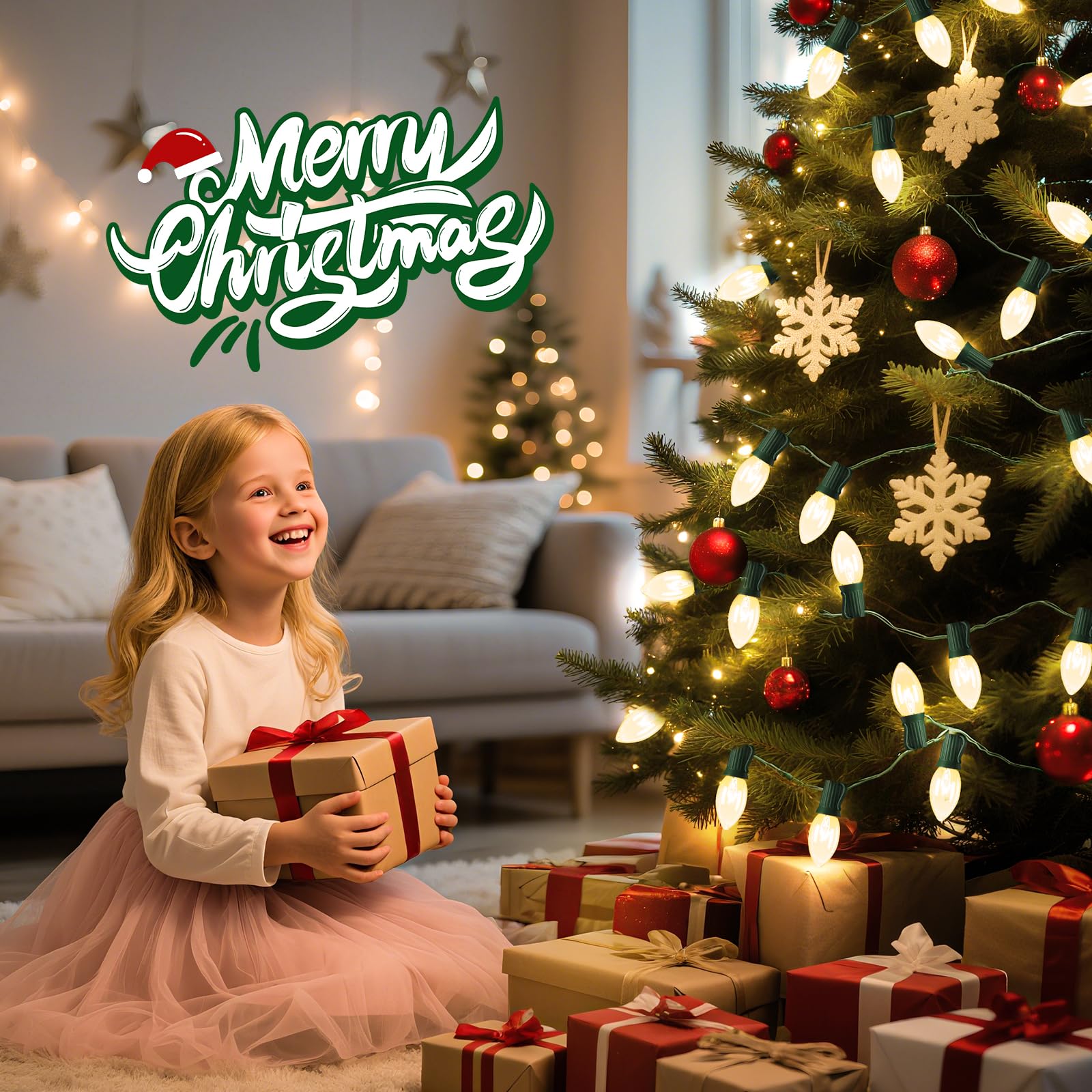 Minetom C9 Christmas String Lights, 50FT, Clear Bulbs, Green Wire, E17 Base, 50+2 Bulbs, Outdoor/Indoor Holiday Decoration