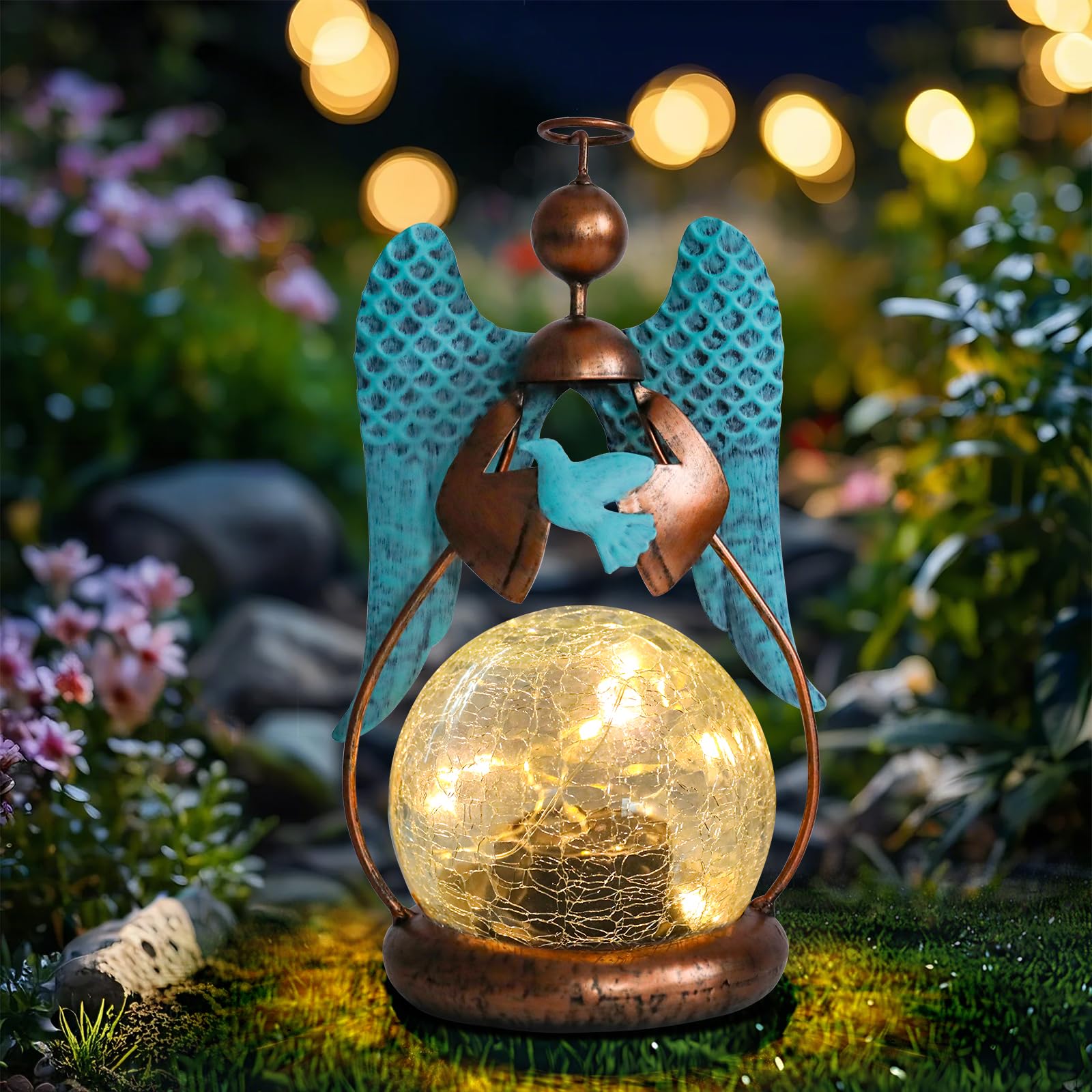 MUMTOP Angel Solar Lights Outdoor Garden - Solar Lanterns Light Decorative Waterproof with Glass Cracked Globe Tabletop Lantern 