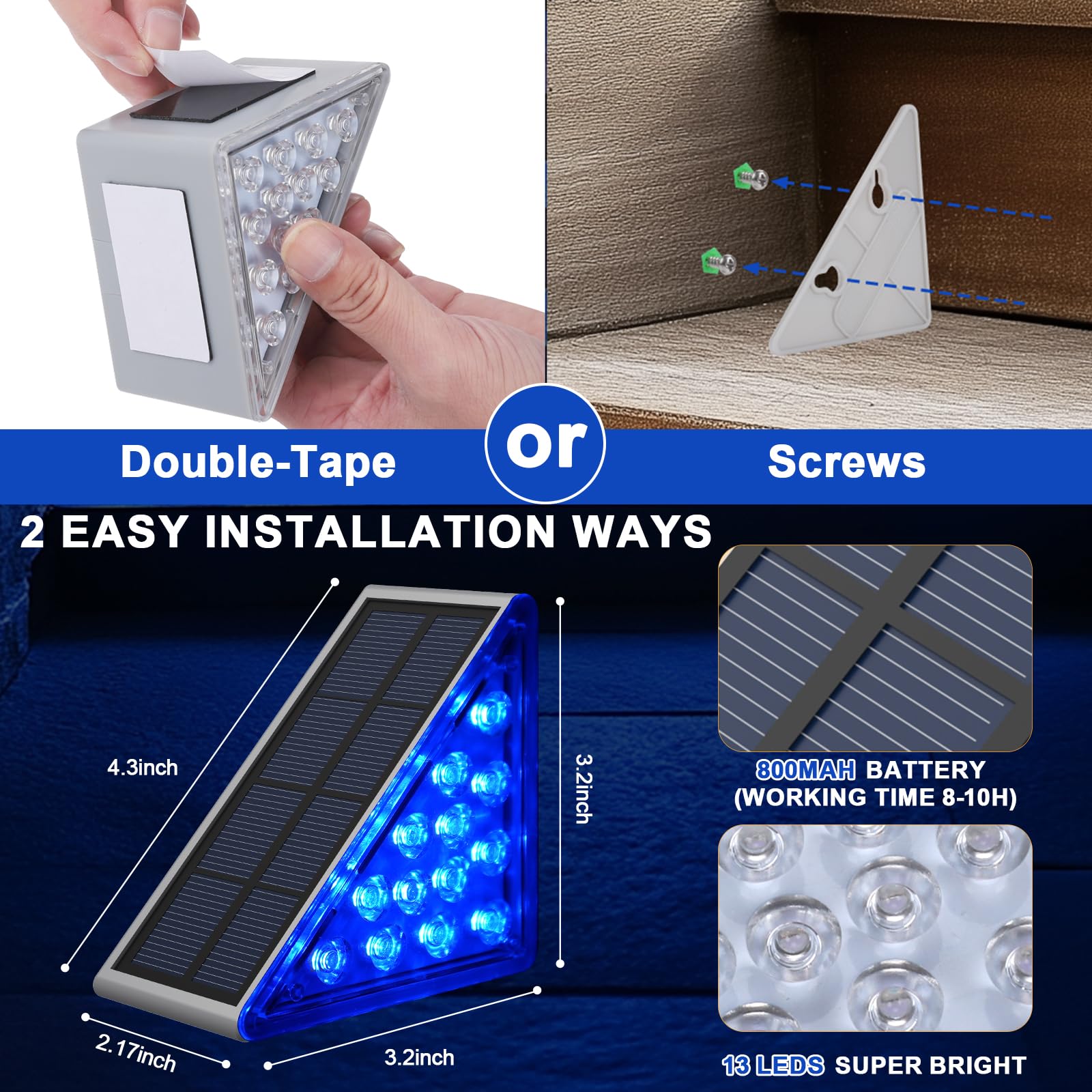 AUDLES Solar Stair Lights, Waterproof IP67, 8 Pack, Blue LED, Outdoor Step Lights for Deck, Porch, Patio, Backyard