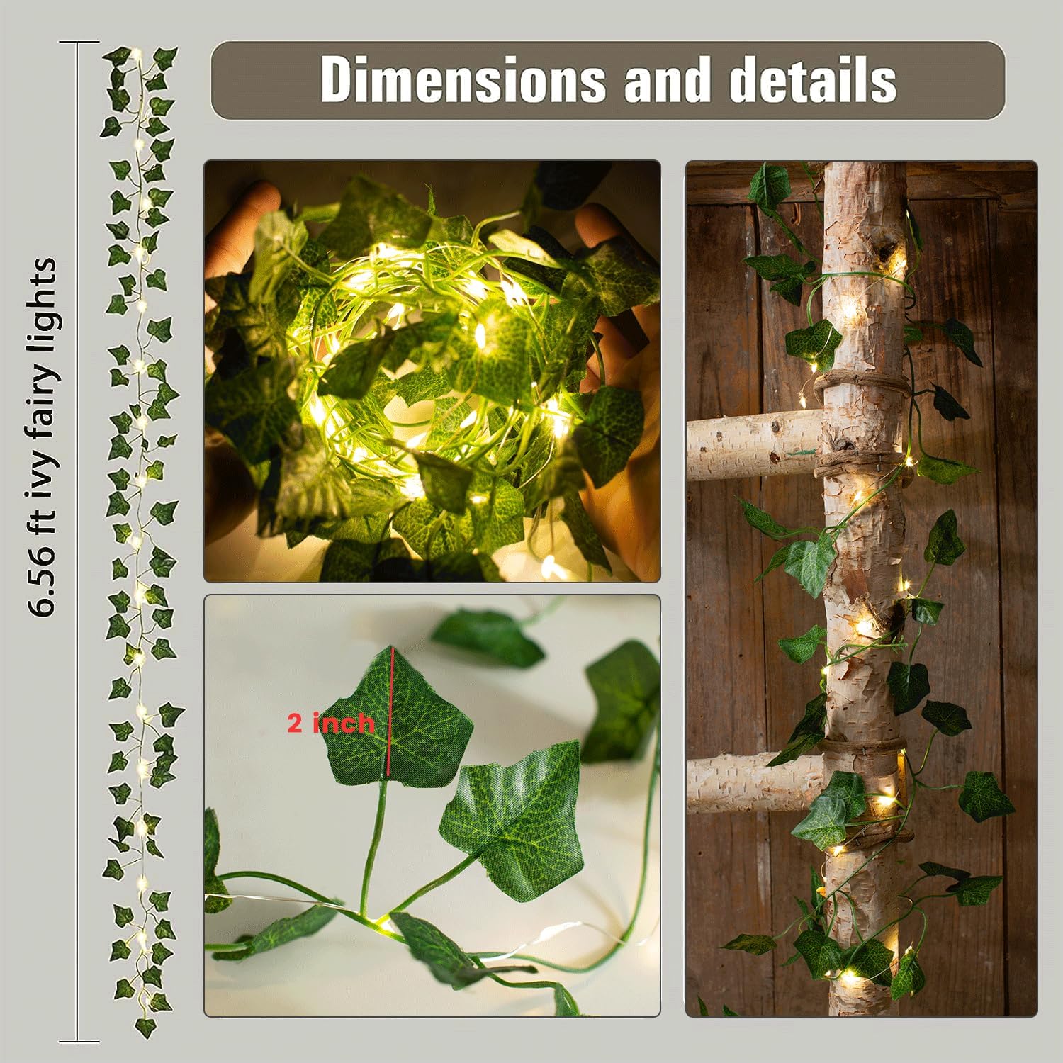 Nwlight 2 Pack 6.56 Ft Vine Lights Green Ivy Vines String Lights Battery Operated, 80 Leds Battery Powered Artifical Garland Plant Leaves With Lights For Bedroom Holiday Patio Decor (Warm White)