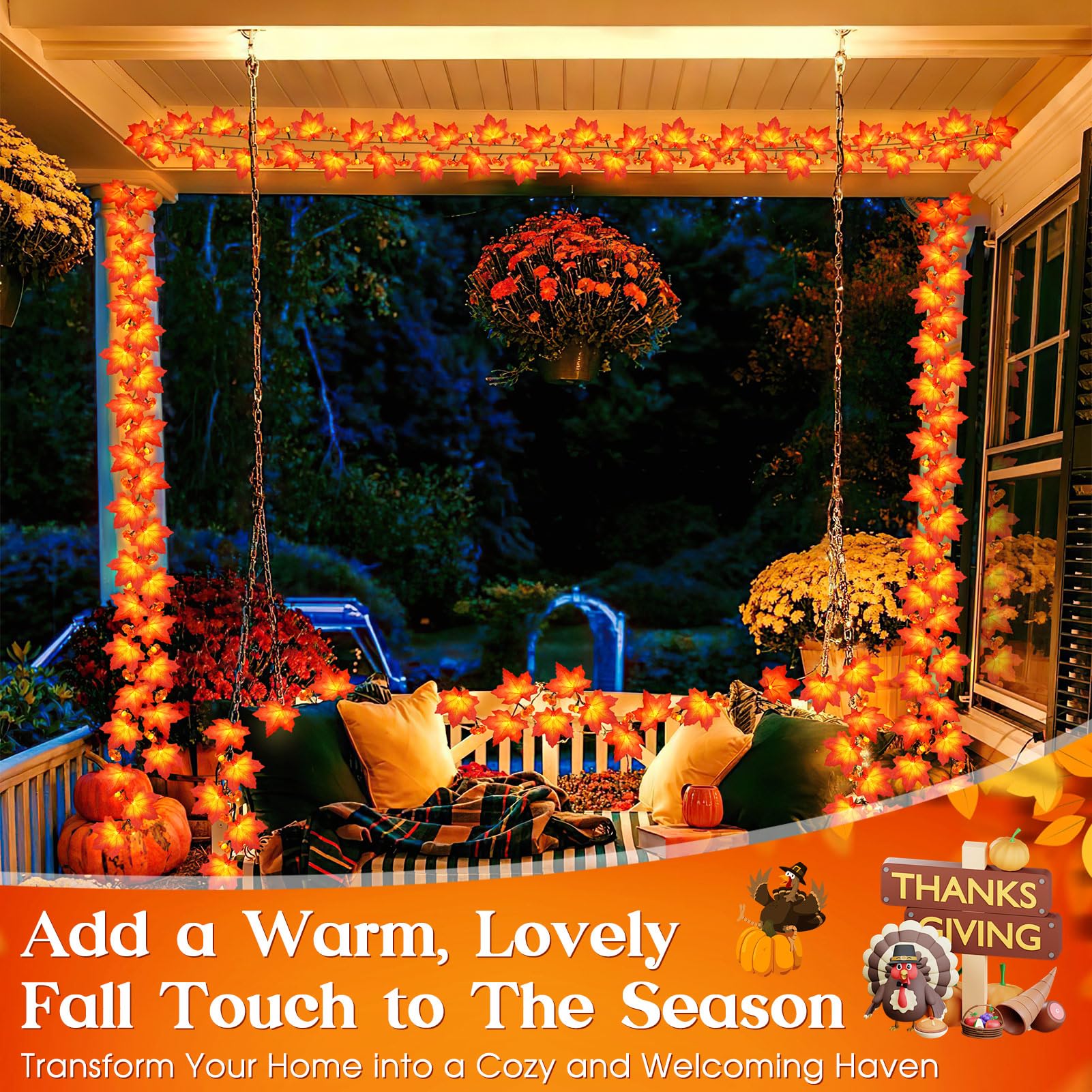 Fall Solar Lights Outdoor Decorative, 39Ft 100 Leds And 8 Modes Solar Lights Thanksgiving Decorations Outdoor Maple Pumpkin String Garland For Autumn Outside Garden Harvest Party Halloween Decor