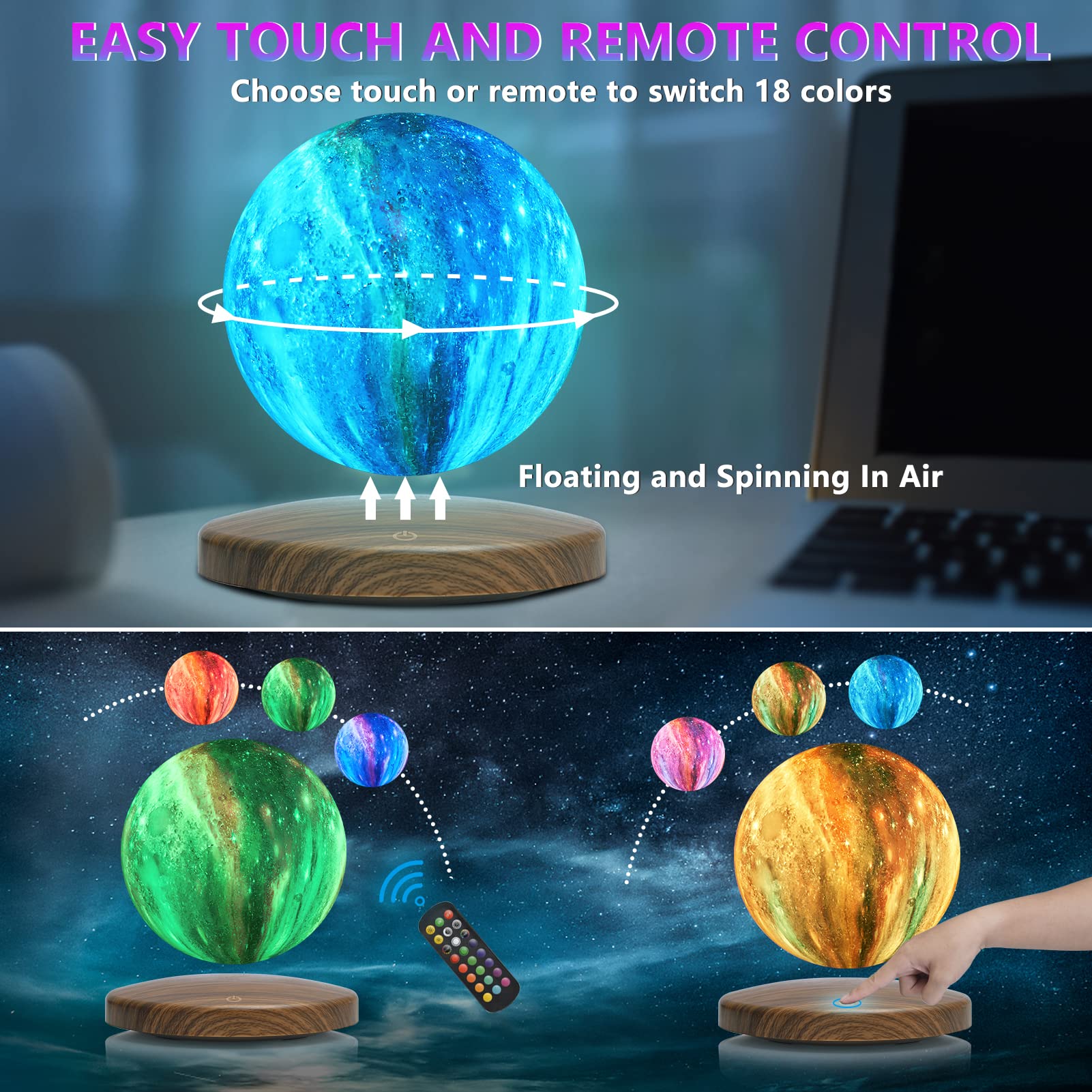 GROPINFLY Levitating Moon Lamp, 18 Colors Galaxy Lamp with Touch Remote Control, Floating and Spinning in Air Freely, for Room O