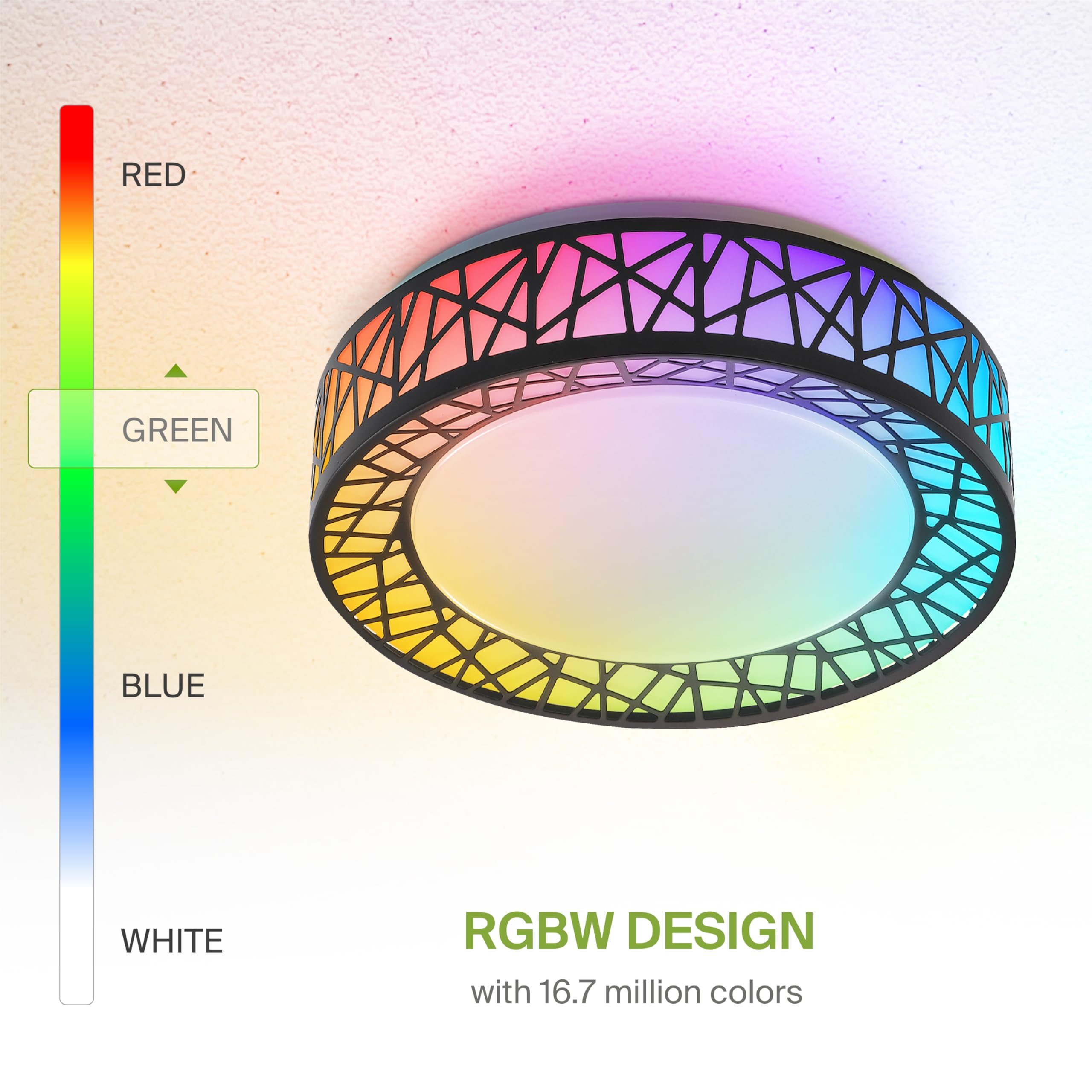 ASD Smart RGBW Flush Mount Ceiling Light - 12 Inch, Matte Black, Dimmable, WiFi & Remote Control, Model A-LFM12D20SRGBW-B