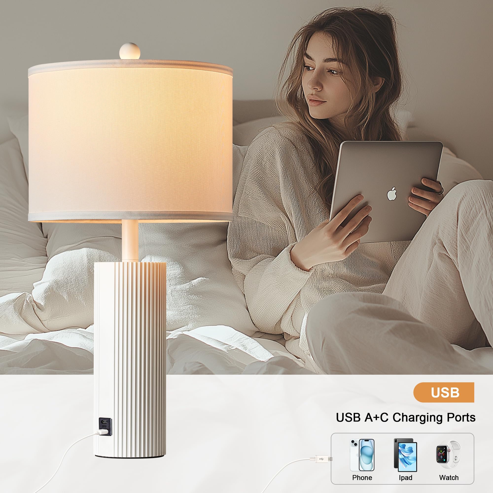 Bzzmmb 24.5'' White Table Lamps Set Of 2, Modern Lamps For Living Room End Tables With Usb C+A Ports, Metal Touch Light Fixture