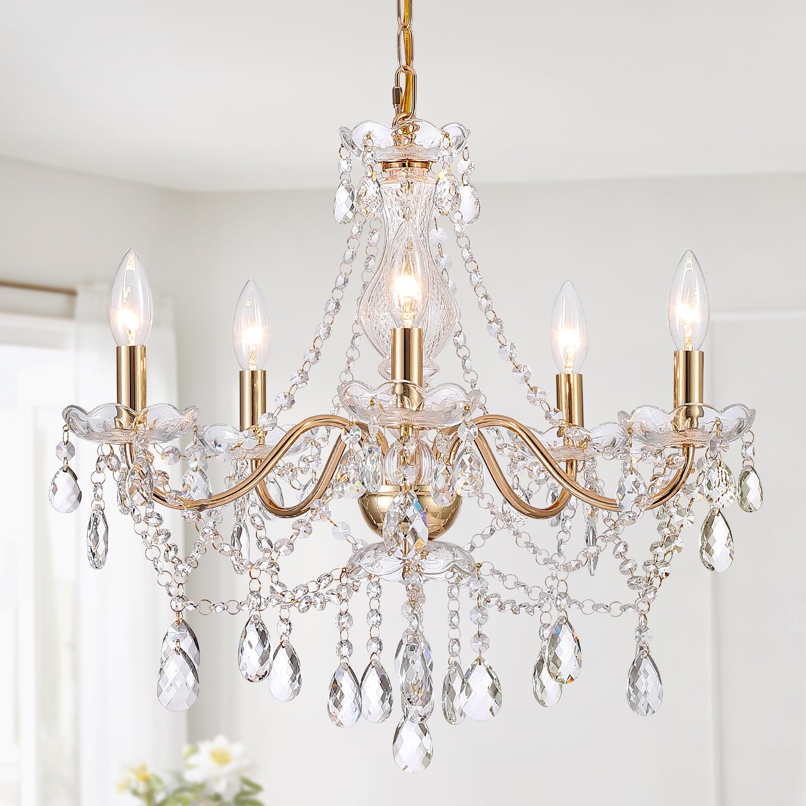 Amzasa Crystal Gold Chandelier  Glass Crystal Hanging Pendant Lighting  5 Light French Country Gold Crystals Chandelier For Ceiling Medallions Wedding Dining Kitchen  Foyer Dia 20   Golden