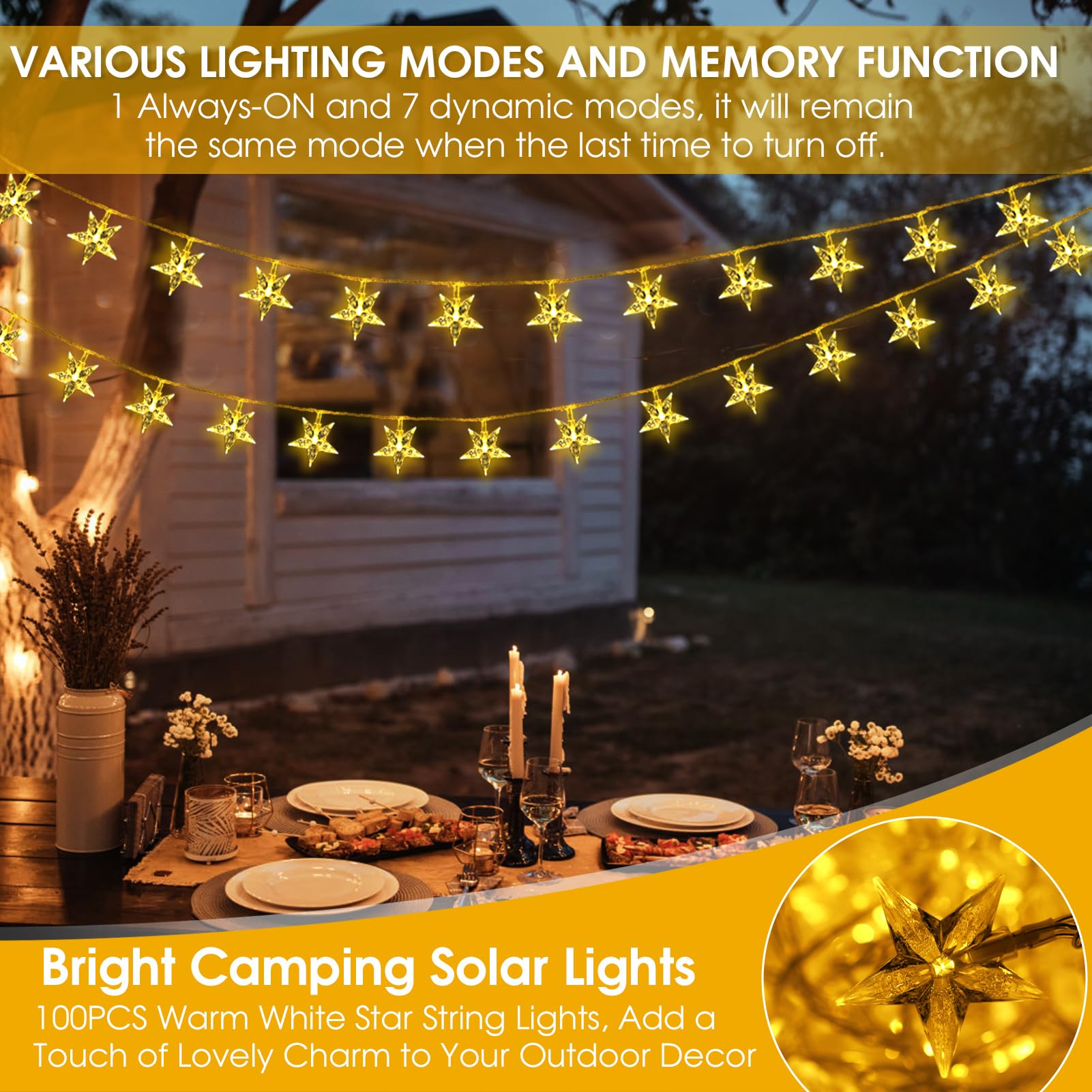 ReyeeInc Solar Star Lights, 100 LED Warm White Twinkle String Lights, Waterproof, 8 Modes for Outdoor Garden, Patio, Camping, RV, Tent