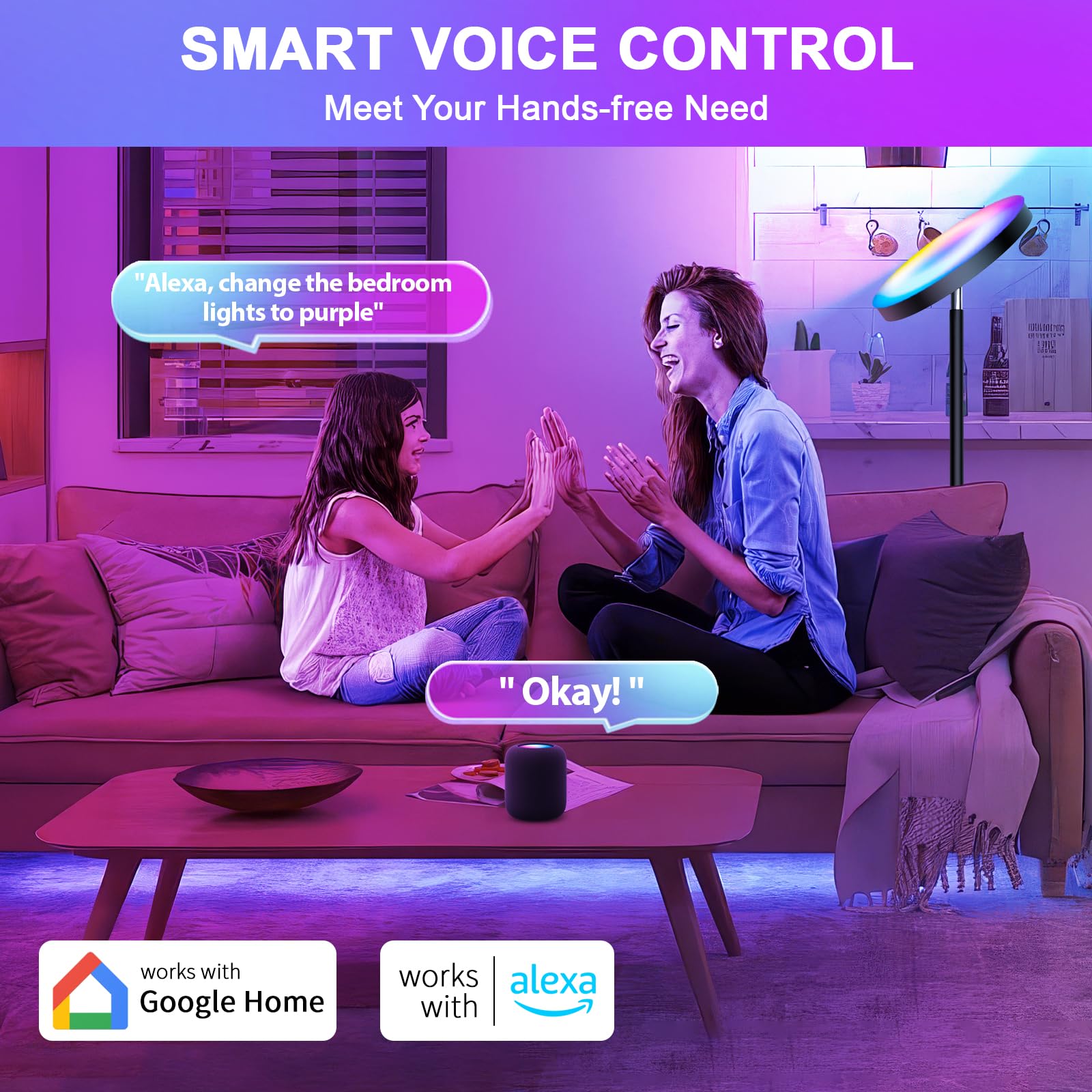Caupel Smart RGB Floor Lamp, 36W/3000LM LED, Black, Alloy Steel, App & Remote Control, Modern Dimming Torchiere for Living Room