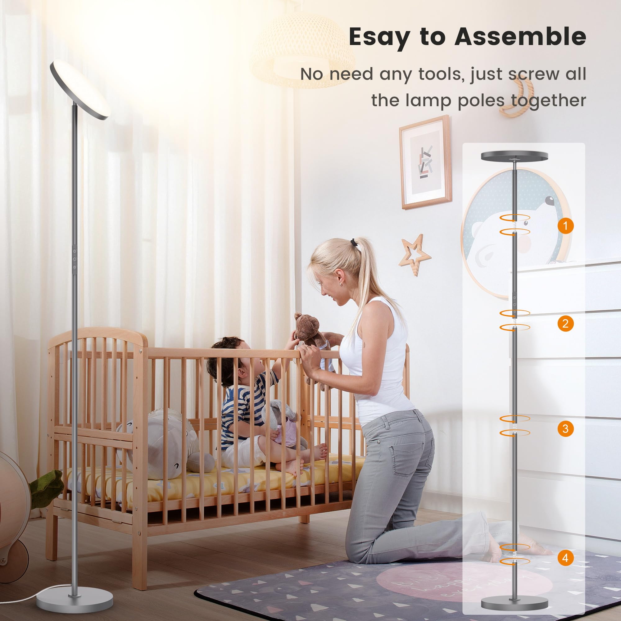 Wowlumen Floor Lamp,Bright 36W 3500Lm Standing Lamp With Remote, 2700K Soft White To 6500K Cool White Adjustable,Touch Control D