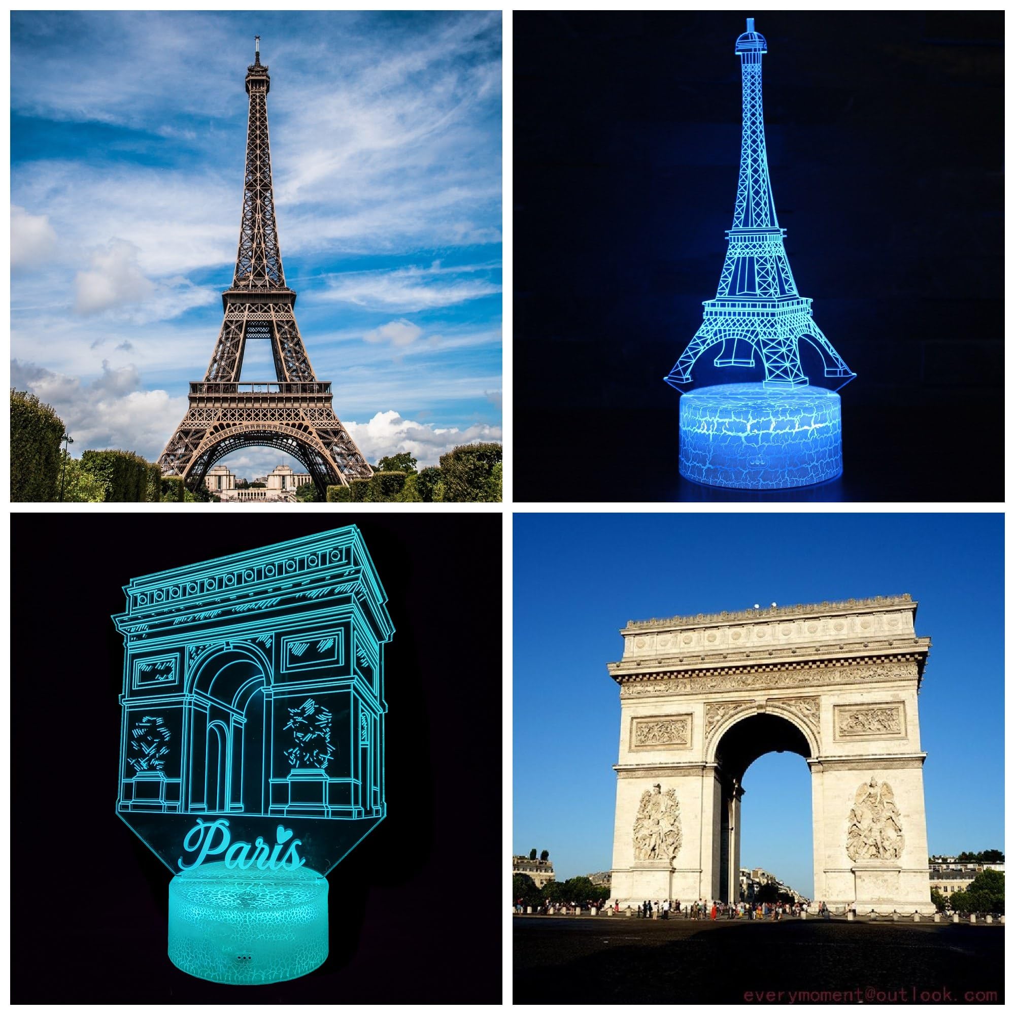 Kenmaca Night Light Eiffel Tower, Arch Of Triumph Paris Themed Bedroom Decor 2 Patterns 3D Illusion Lamp, 16 Color Change Dimmab
