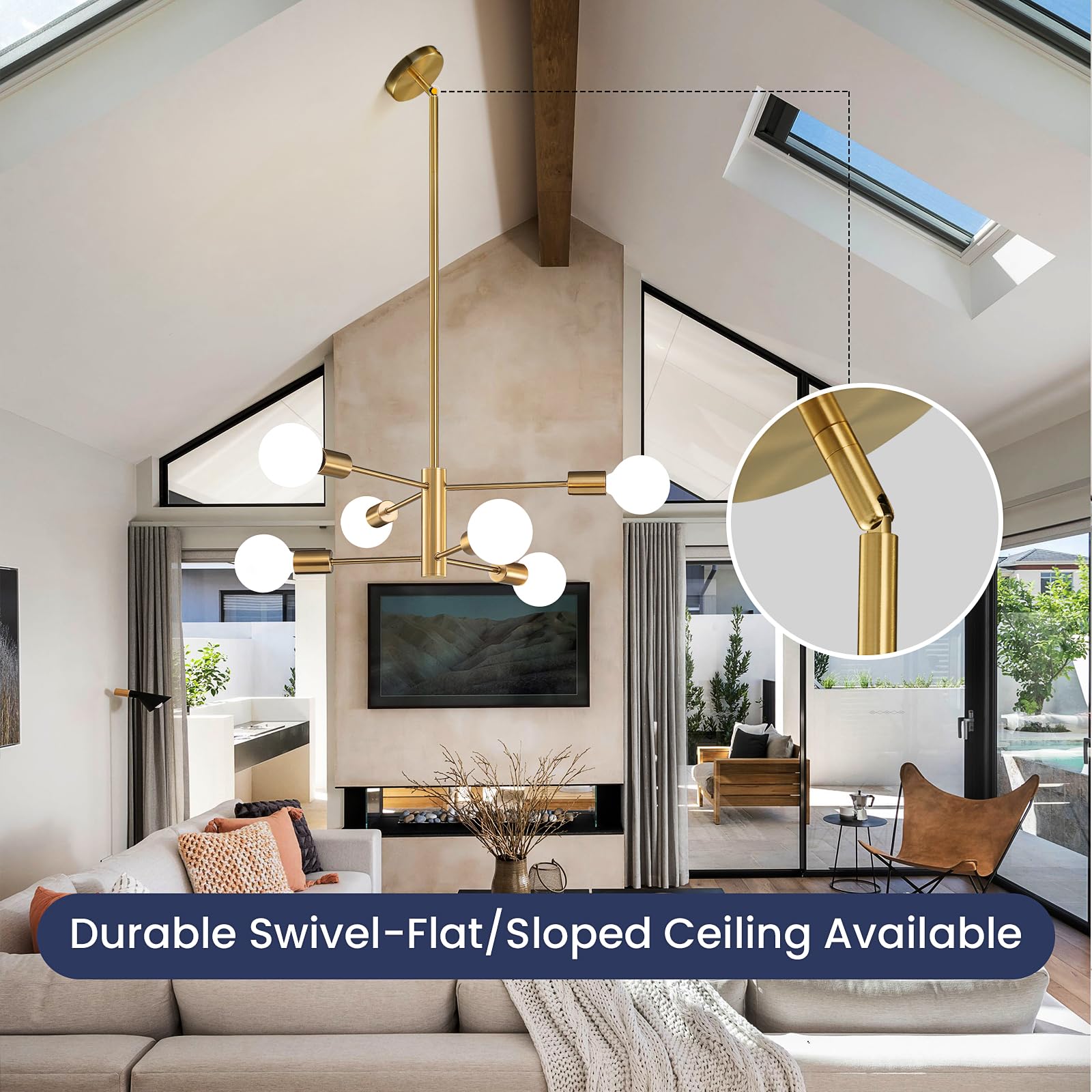 RUIYEY Modern Sputnik 6-Light Gold Chandelier, Adjustable Hanging Pendant Lighting for Dining Room and Entryway