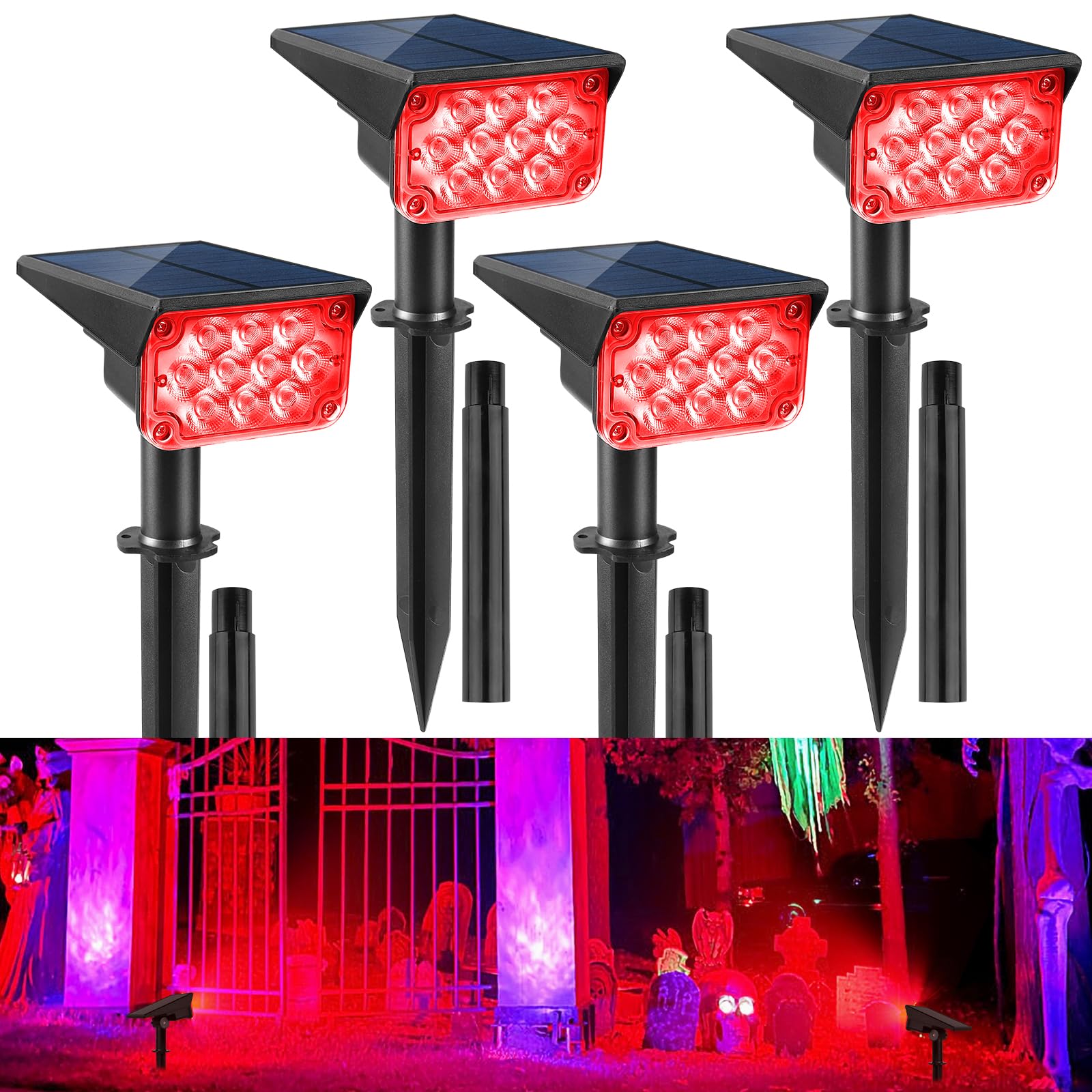 Crepow 20 Led Solar Spot Lights, Waterproof Ip65, Adjustable, Red, 4 Pack For Outdoor Use