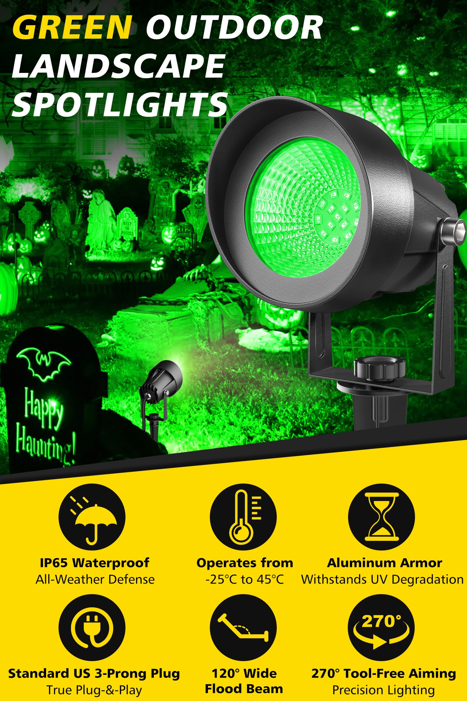 T-Sun Christmas Green Spotlight Outdoor  Waterproof Led Landscape Lighting With Us Plug  Easy Install 270?Adjustable Outdoor Spot Lights For Garden Tree Yard Decor  6 Pack