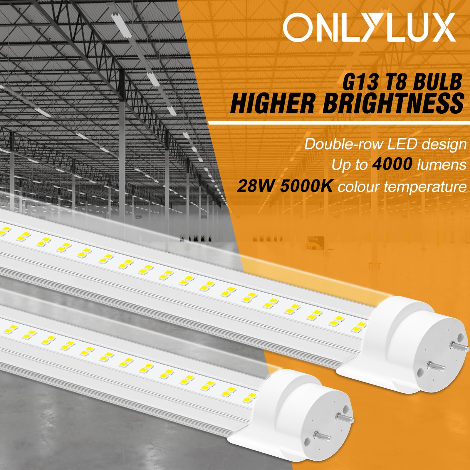 ONLYLUX T8 LED Bulbs - 4ft, 28W, 4000 Lumens, Daylight 5000K, Aluminum, 10 Pack, Ballast Bypass,