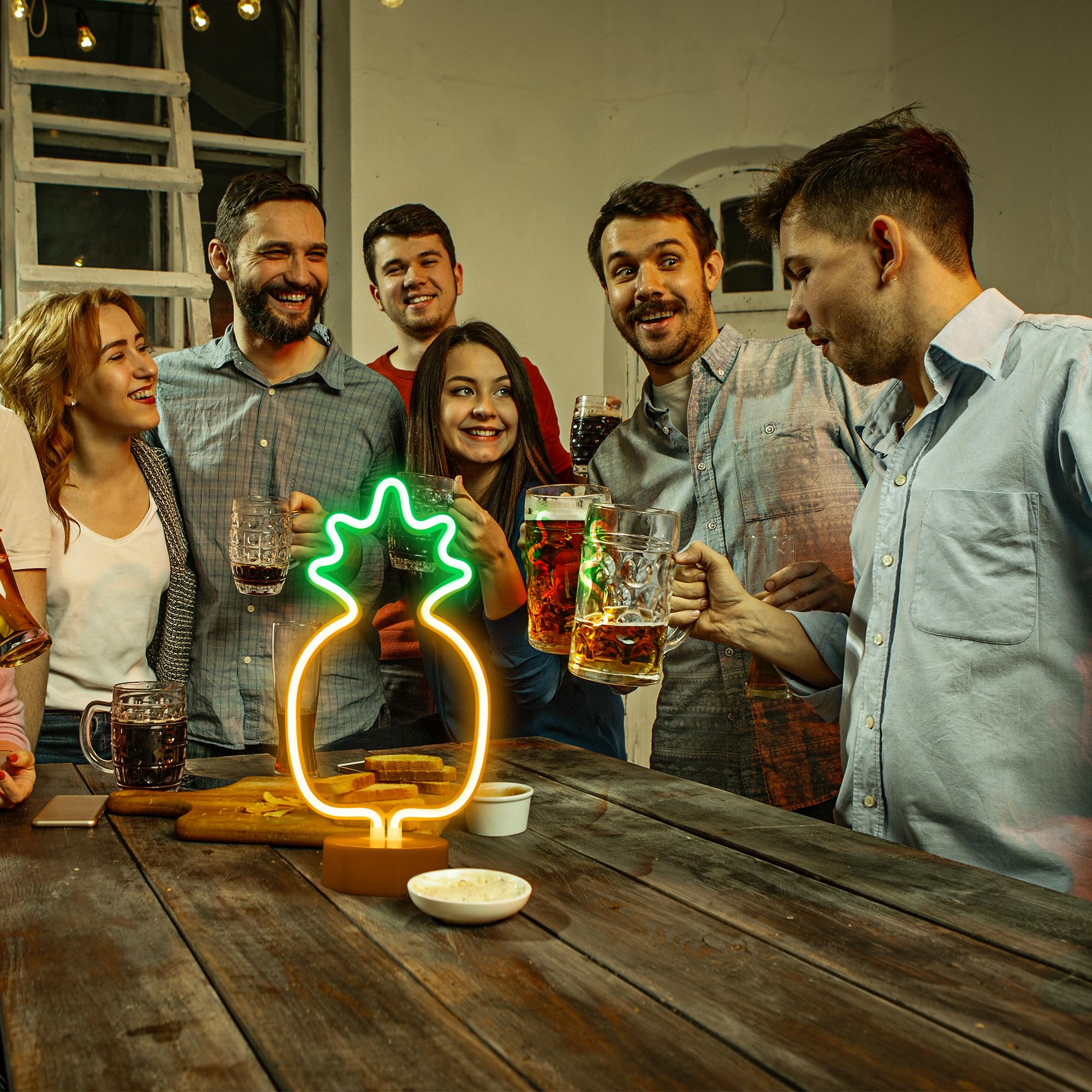 Enuoli Pineapple Neon Signs Warm White Led Neon Light Sign With Holder Base Indoor Decor Battery Operated Lights For Home Party