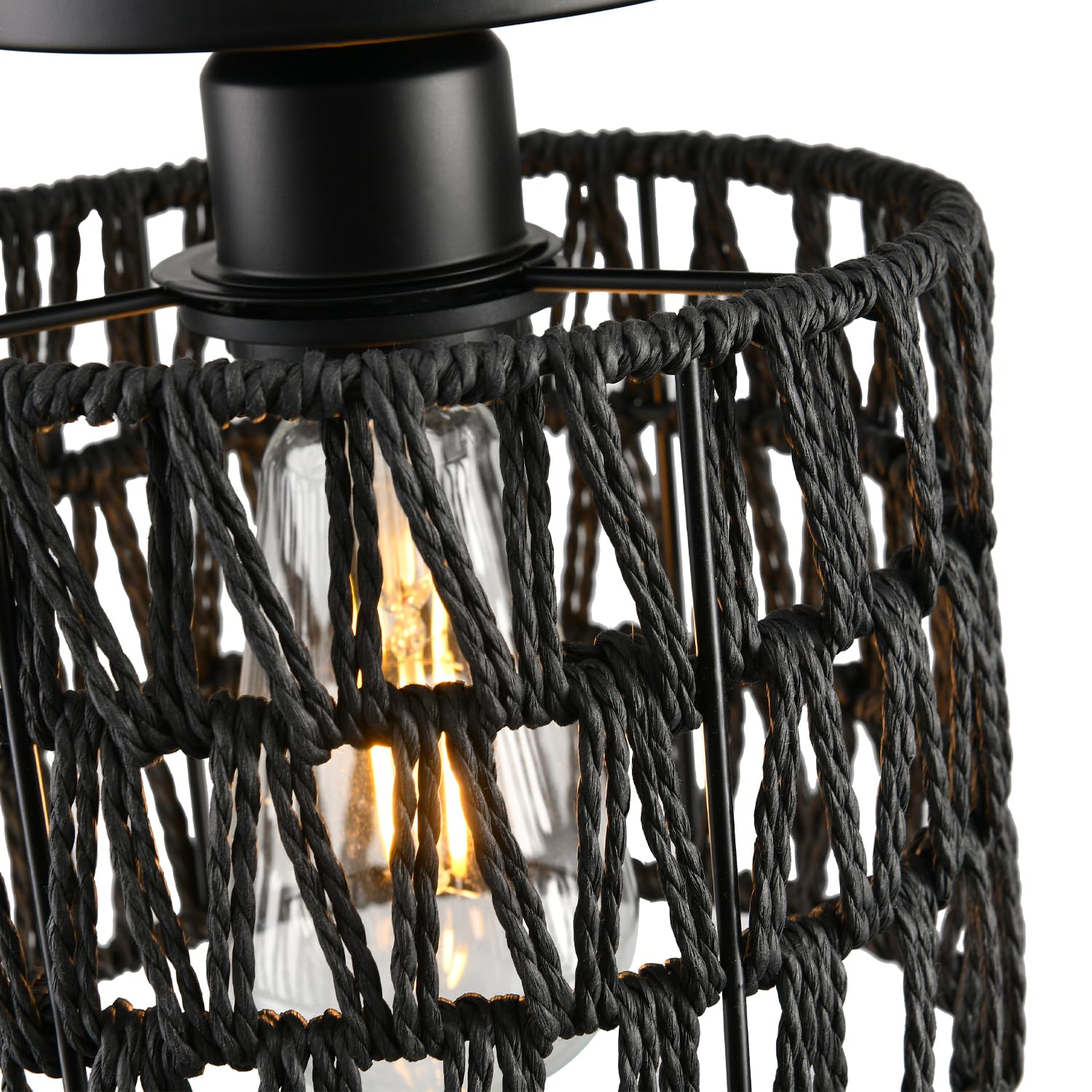 KENMI Ceiling Light Fixture, Hand-Woven Rattan Flush Mount, Metal, 1 Pack Black, Model C1, Boho Design for Hallway, Bedroom, Kitchen