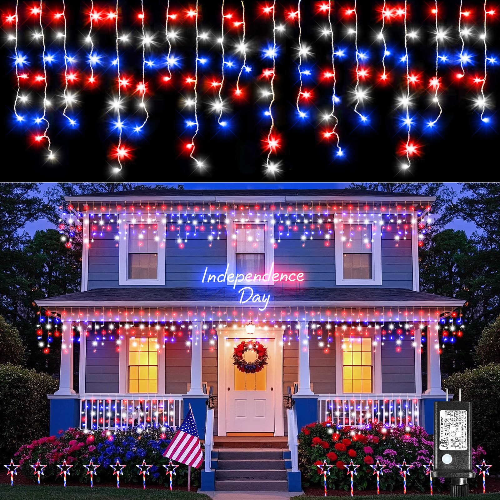 Nielfoi Christmas Lights Outdoor, 640 LED, 66ft Icicle Lights, Red White and Blue, Connectable for 4th of July Decor