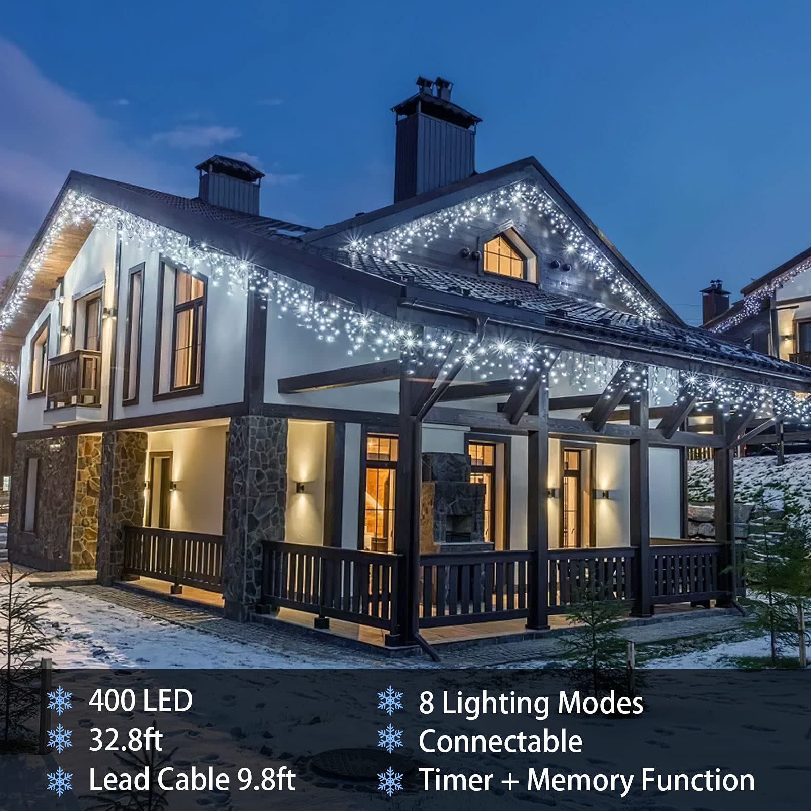 Amberfun 32.8Ft 400 Led Cool White Icicle String Lights, Waterproof With 8 Modes For Christmas Decor