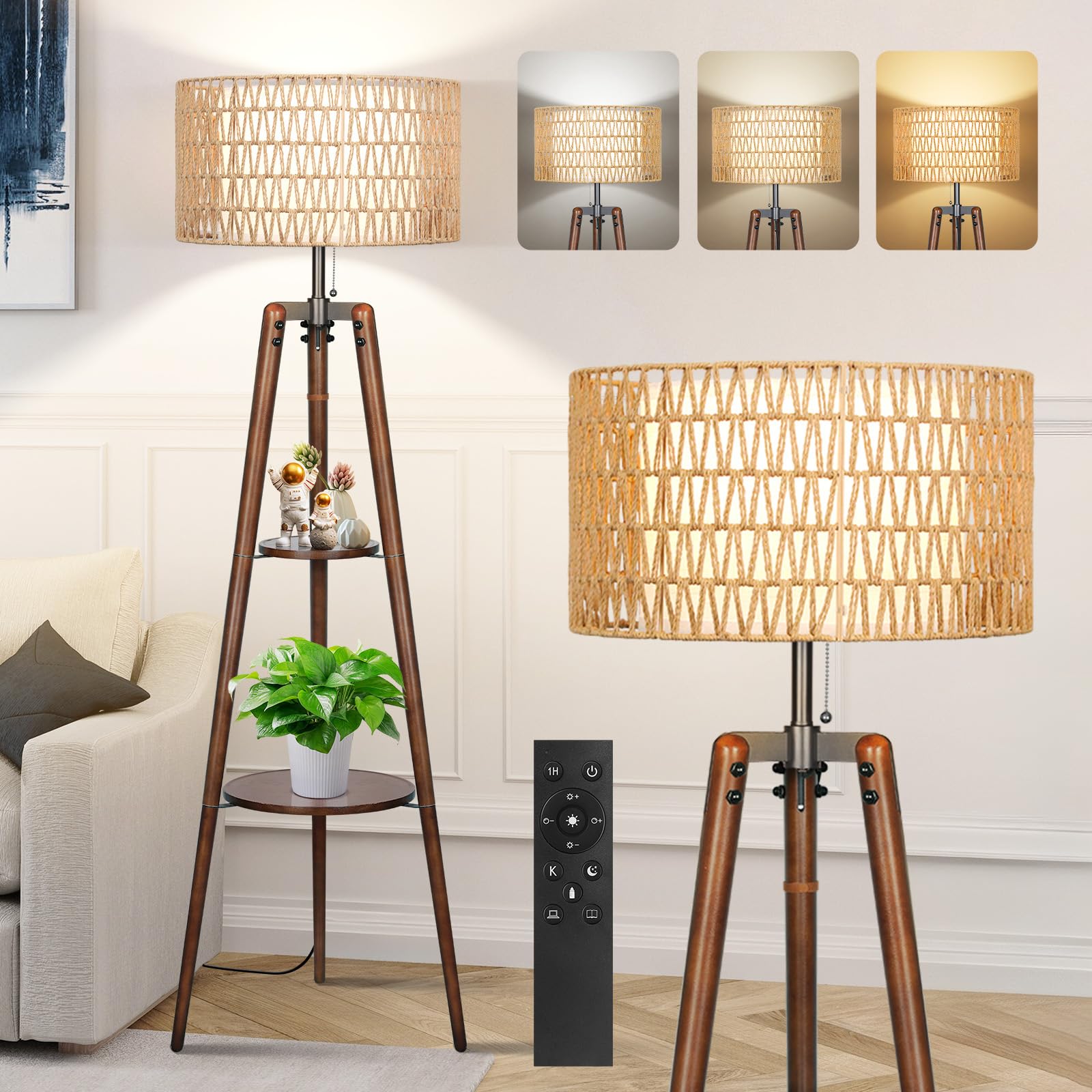 OUTON Rattan Tripod Floor Lamp, Dimmable, Remote Control, Wood, Walnut