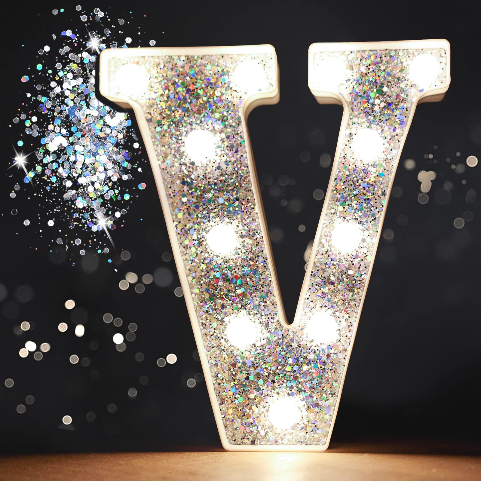 Pooqla LED Marquee Letter Lights, Sequin Silver Alphabet Sign, Battery Powered for Parties and Home Decoration, Silver Letter V