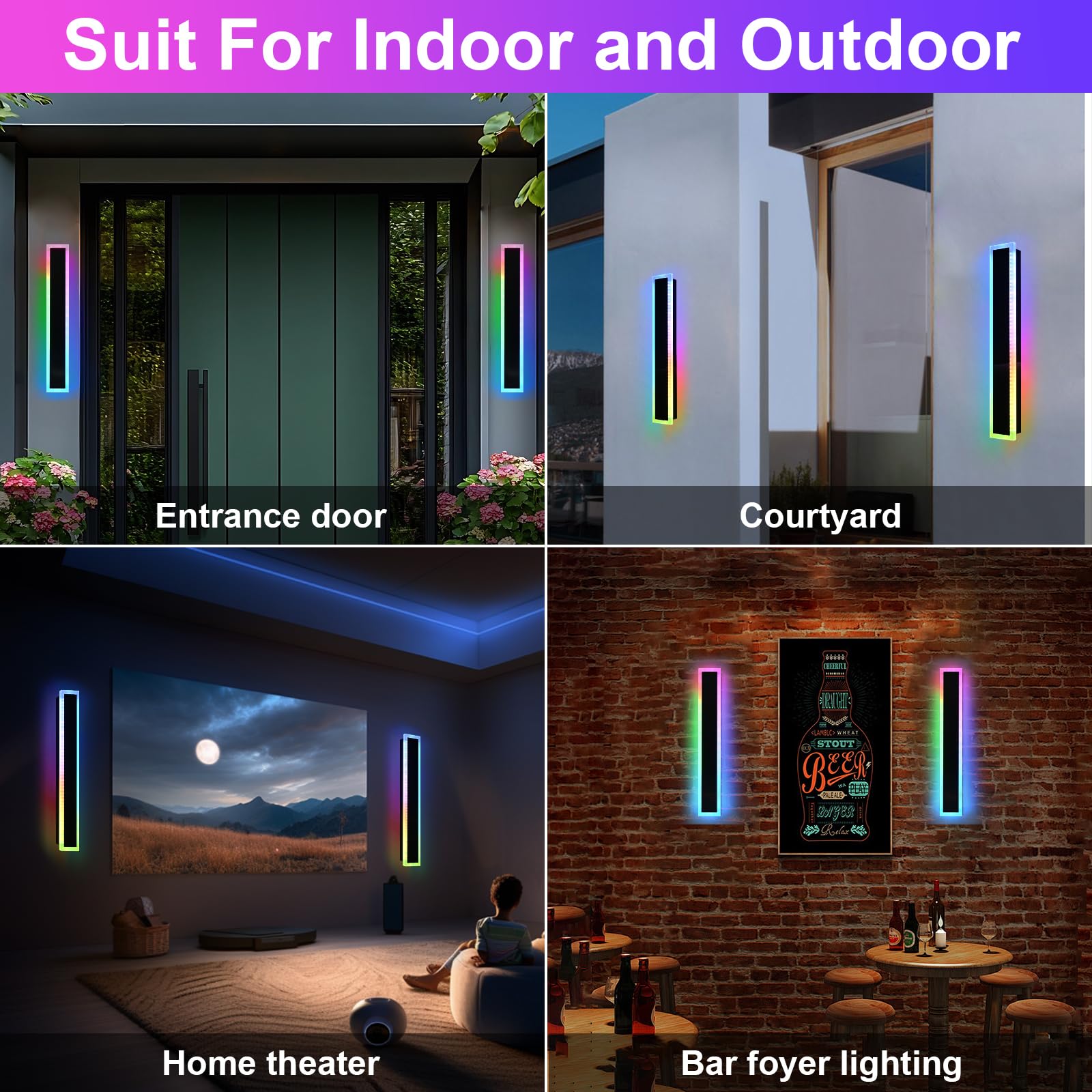 QueeuQ Modern Outdoor Wall Light Fixture, Dimmable RGB LED, 32 inch, 2 Pack, Metal, Model 11-SZ-9970-RGBCW-18W-