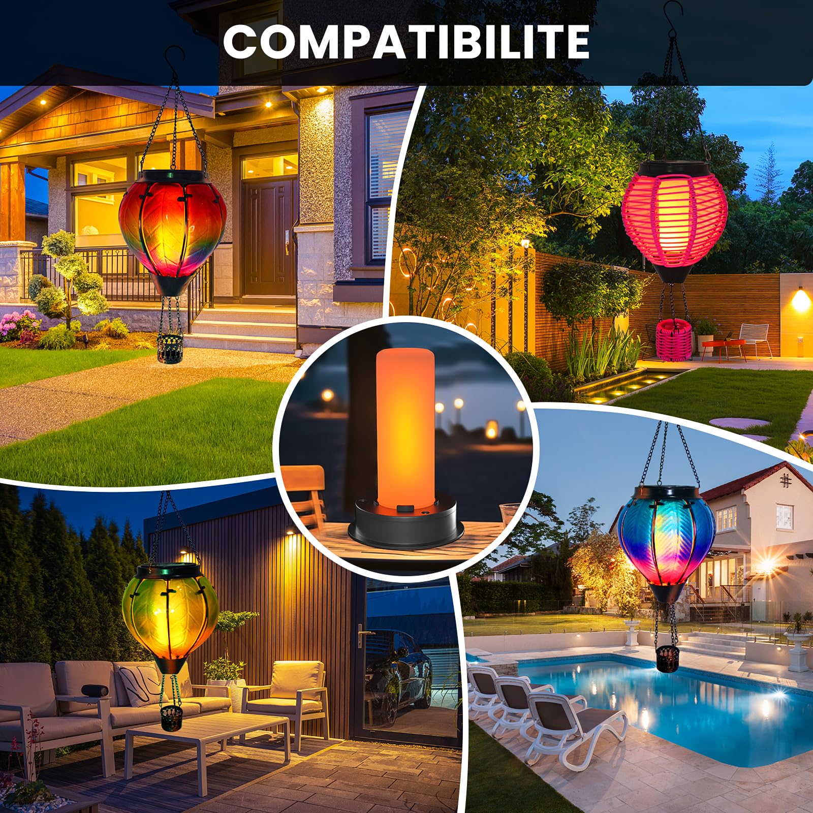 Suggant 2 Pack Solar Light Replacement Tops, Waterproof LED for Hot Air Balloon Lanterns, Fits 2.87-3.35 Inch Openings, Black