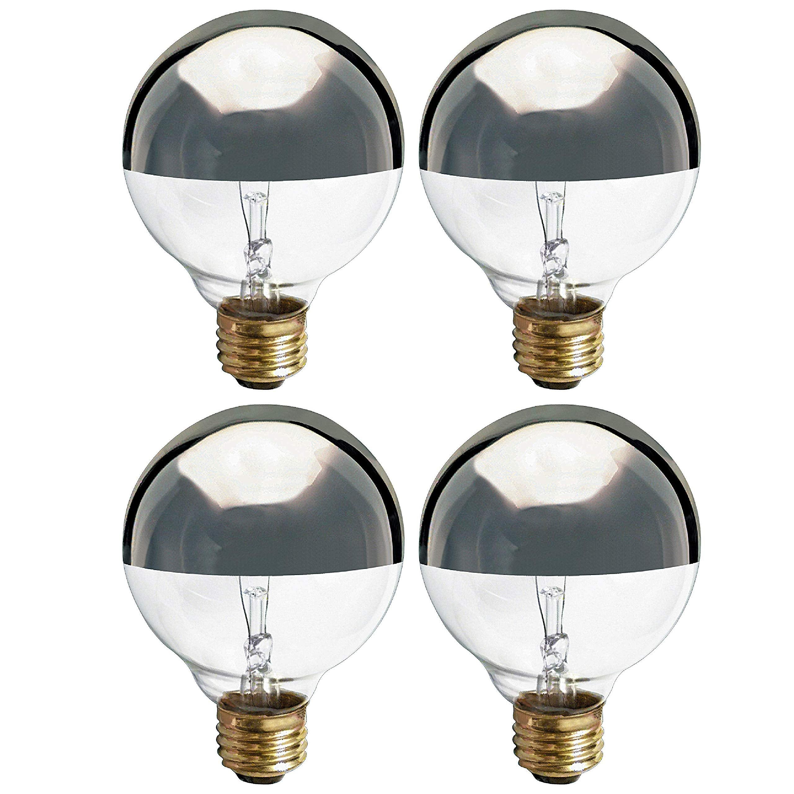 Kor (4 Pack) G25 Incandescent Light Bulb, Silver Half Chrome Crown With Mirror Reflect Glare-Less Finish, Decorative Globe 120 V