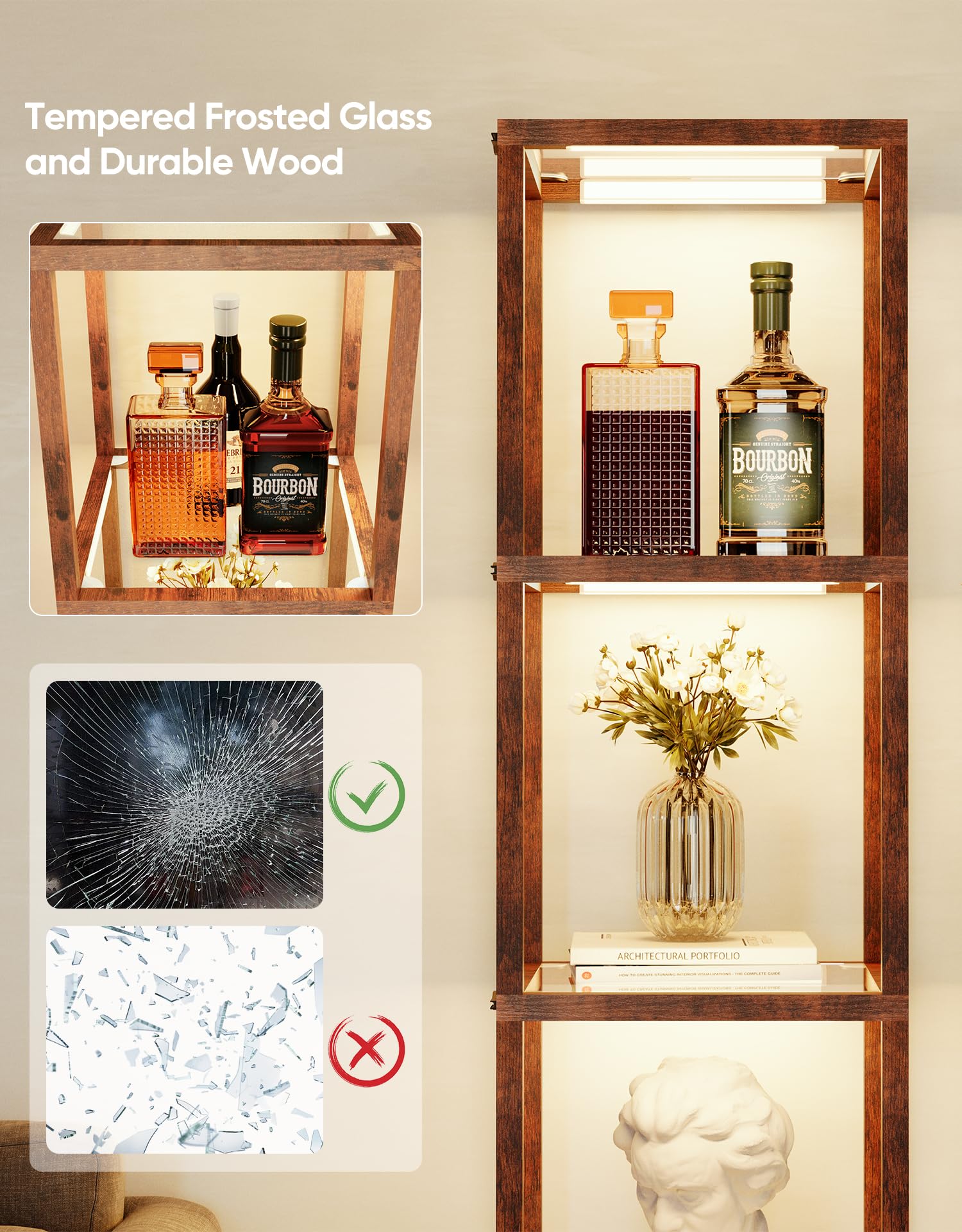 Partphoner Floor Lamp Glass Display Shelf With Remote/App Control, Dimmable Led Floor Lamp With Shelves, Open Display Cabinet, C