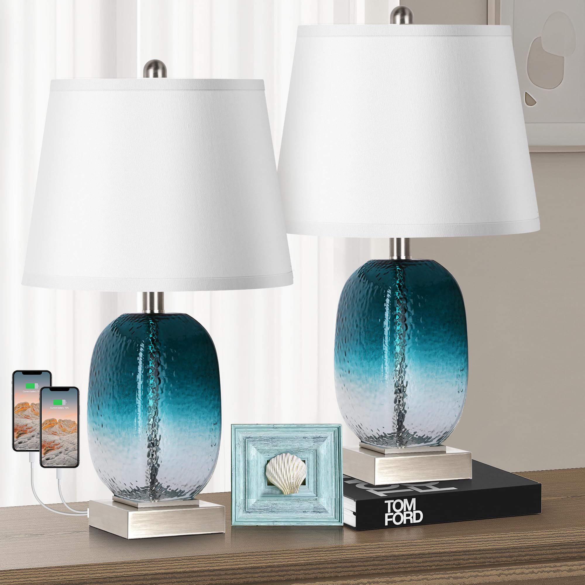 Partphoner Table Lamp Set Of 2 - Touch Control, 3-Way Dimmable, Teal Glass, Usb Ports, Led Bulbs Included, Modern Coastal Design