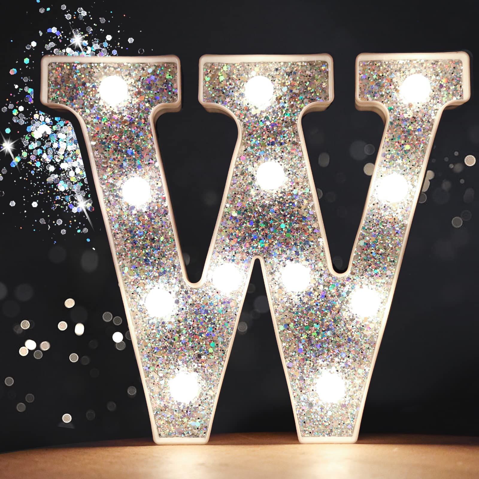 Pooqla LED Marquee Letter Lights, Sequin Silver, Battery Powered, Decorative Alphabet Sign for Parties, Weddings, and Home Decor