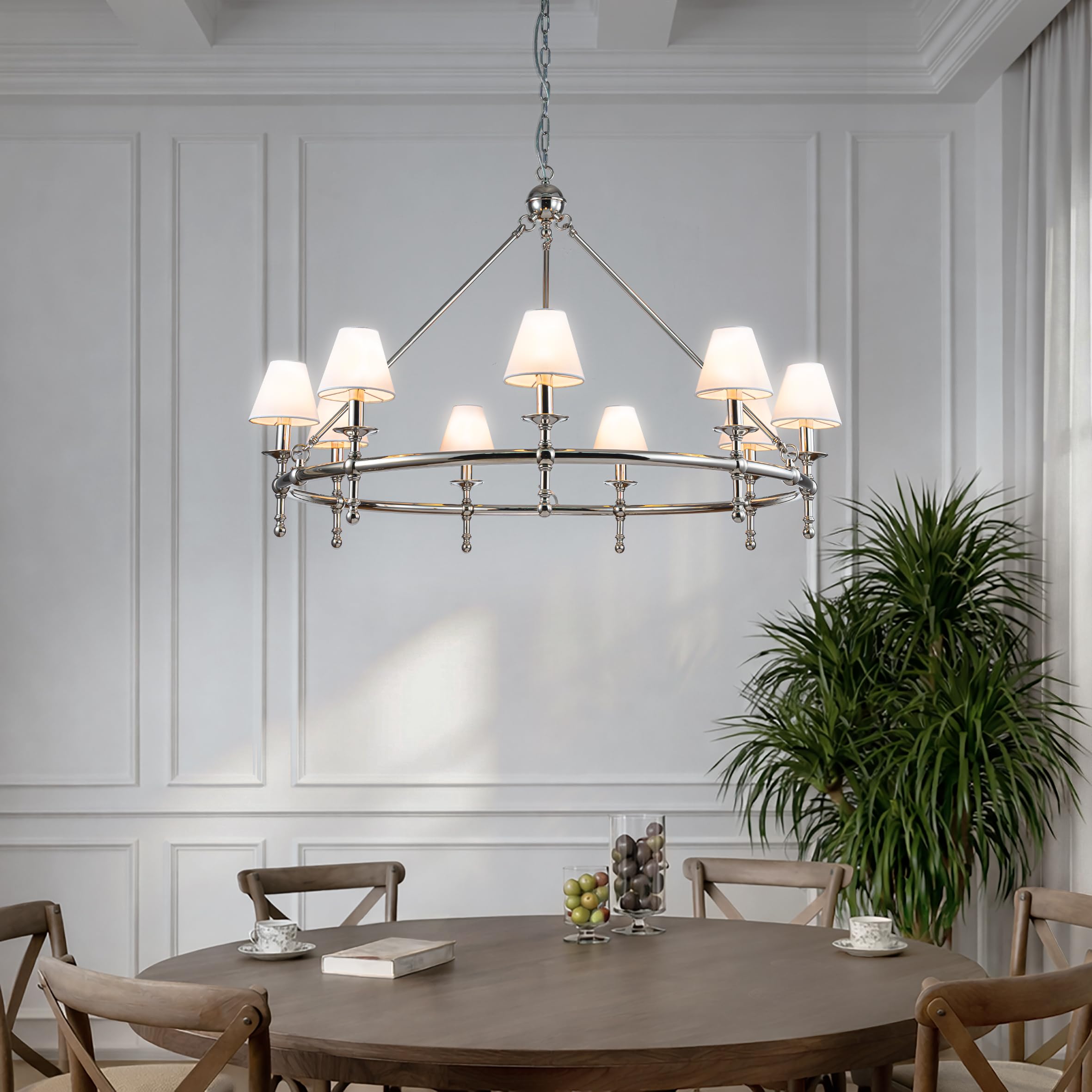 ALOADECOR W47 in Extra Large 9-Light Modern Polished Nickel Chandelier with White Fabric Shades Classic Wagon Wheel Pendant Ceil