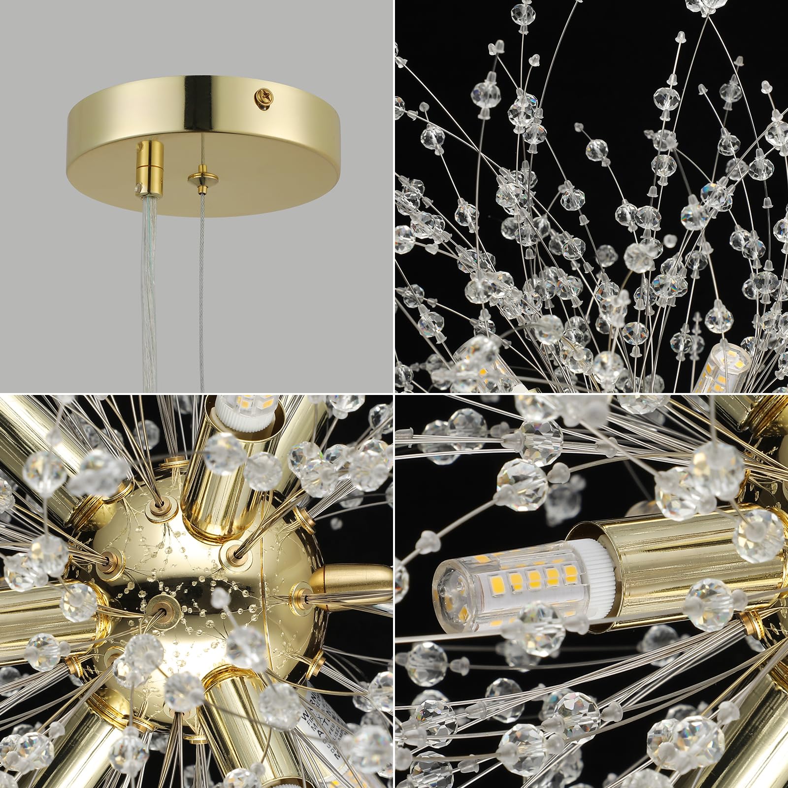 Foucasal Crystal Pendant Light 8-Light Dandelion Sputnik Chandelier Modern Gold Firework Ceiling Lighting Fixtures For Dining Ro