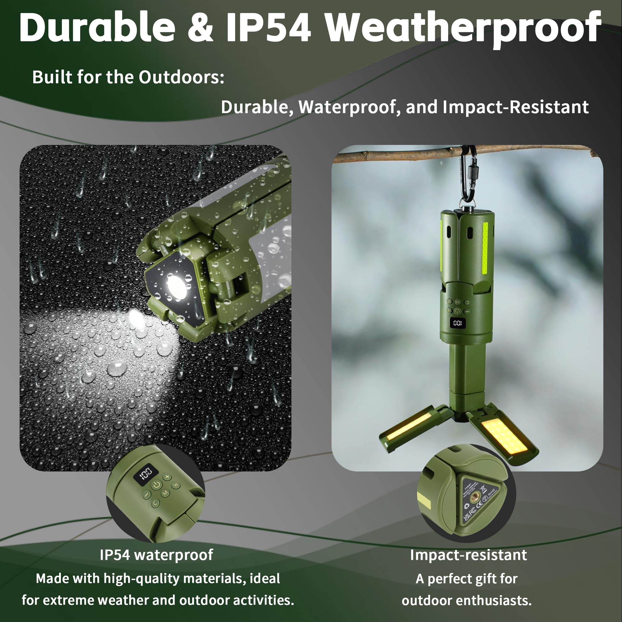 Gsueot 14000mAh Rechargeable Camping Lantern - 6000LM Waterproof, Green, Telescoping, Magnetic Base/Clip Hook, Model Camping Lantern-3