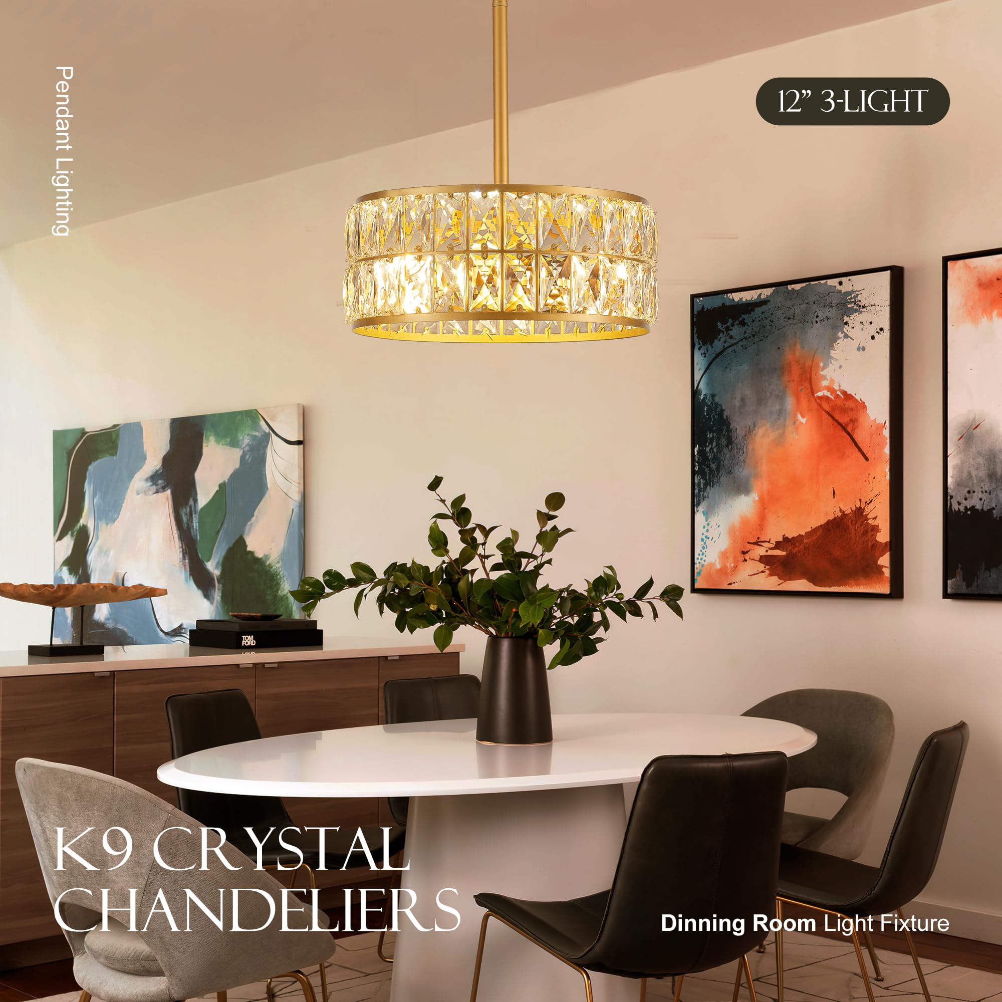 Salaiwei 12    3-Light Modern Crystal Chandeliers Gold Dinning Room Light Fixture, Round Pendant Light Kitchen Island Chandelier