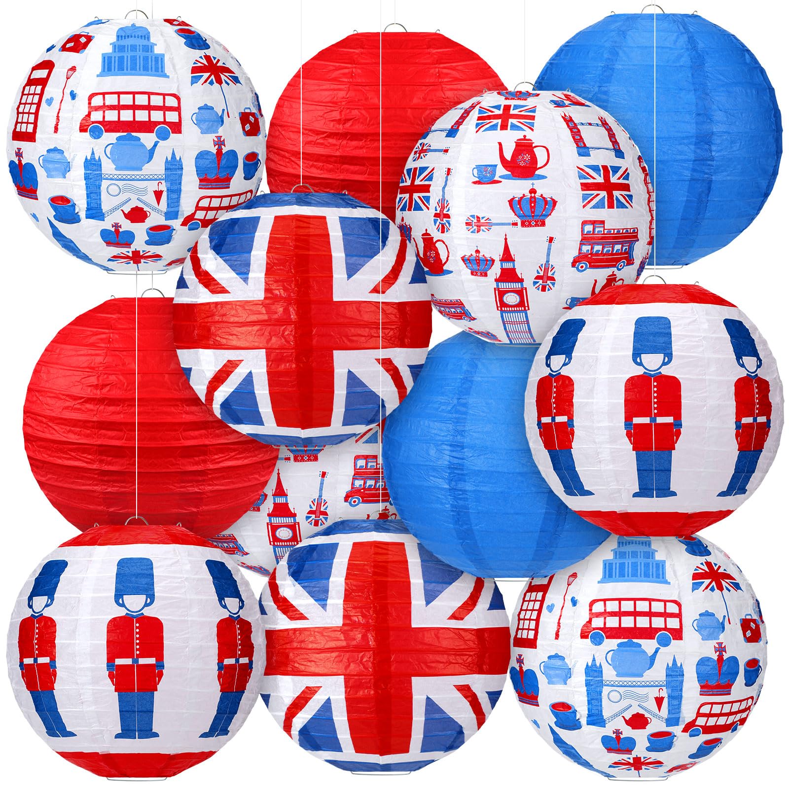 Panelee 12 Pcs British Party Decoration Britain UK England Flag Theme Hanging Paper Lanterns with London Double Decker Bus Telep