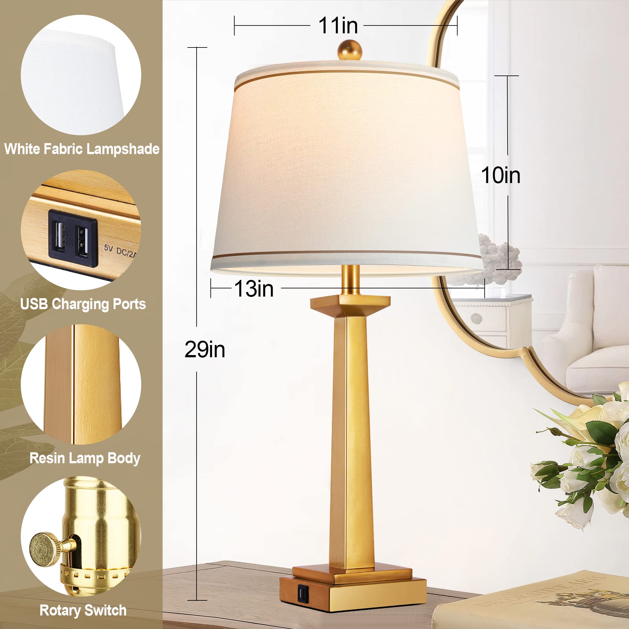 Rottogoon 29&quot; Gold Table Lamp With Usb Ports, 3-Color Temperature, Led Bulb Included