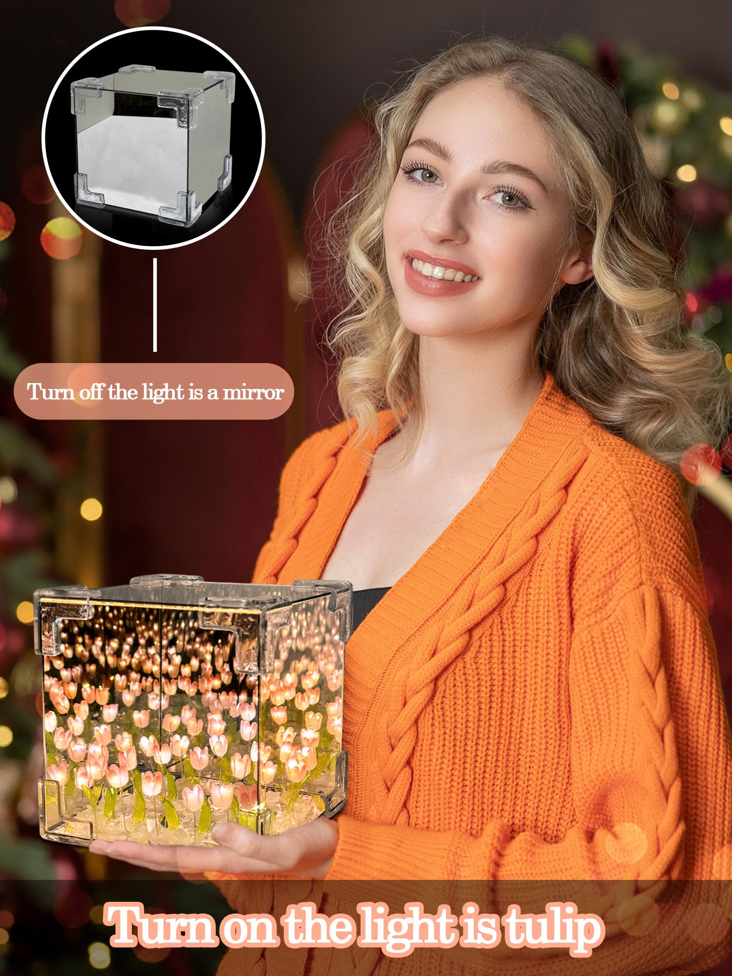 AQDZCNF DIY Tulips Cube Mirror Lamp - Pink Tulip Night Light, Handmade Decor for Bedroom & Living Room, Includes 13 LR44 Batteries