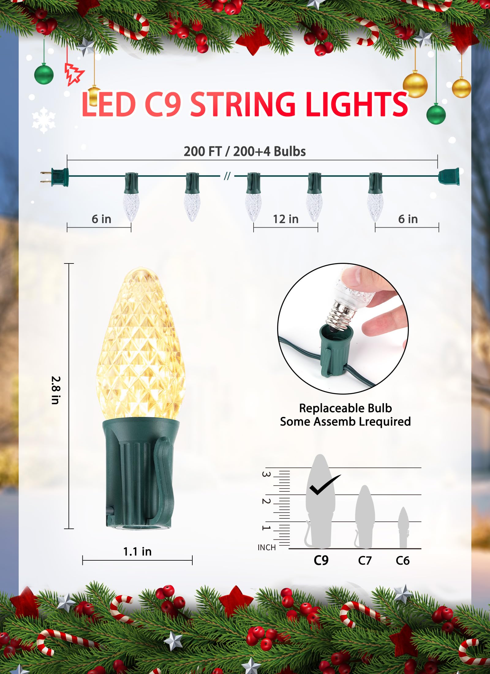 Minetom C9 Christmas String Lights, 200 Ft Led Commercial Outdoor Christmas Lights With 200 Warm White Strawberry C9 Bulbs, Wate