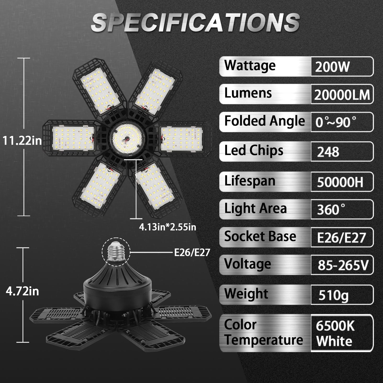 AUDLES 6 Pack LED Garage Light, 200W 20000LM, 6500K, E26/E27 Socket, Black