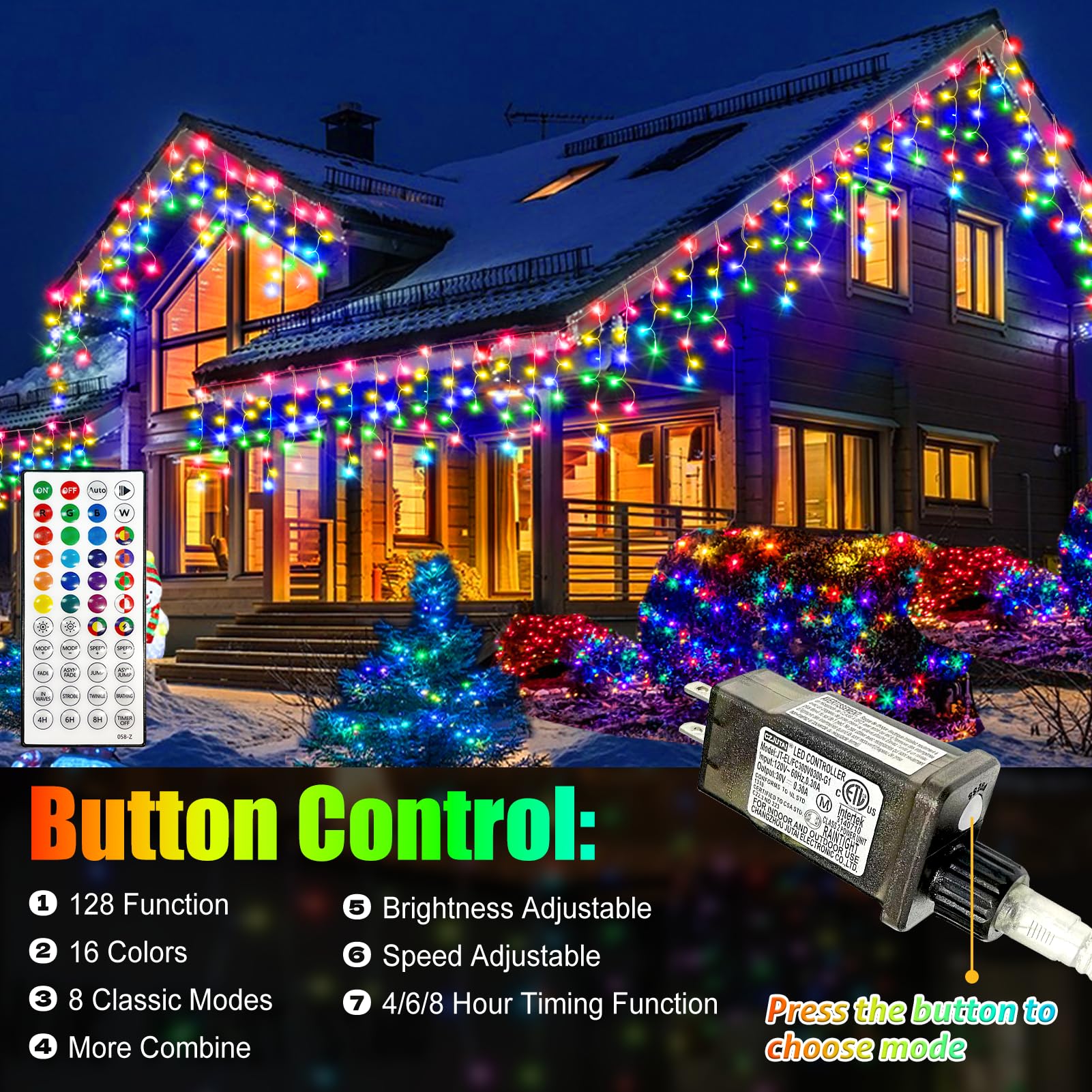 FLVOECN RGB Ice Lights Outdoor 52FT 504 LED Color Changing Christmas Lights, Waterproof, Model YQS-200L