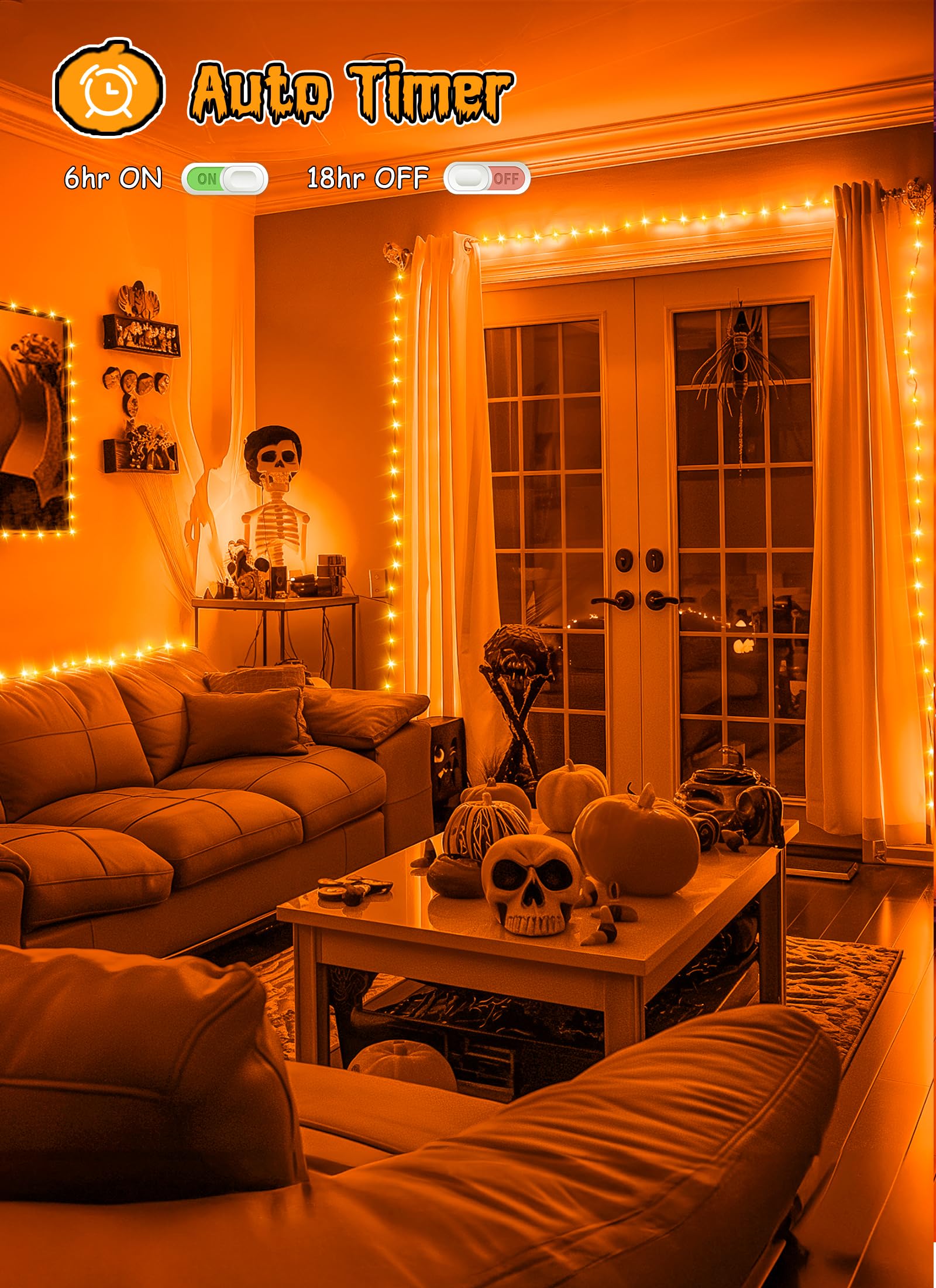 Brightown 10Ft 120 Led Halloween String Lights Battery Operated Outdoor  Orange Halloween Cluster Lights  8 Modes Timer Waterproof Twinkle Fairy String Lights For Indoor Halloween Decorations