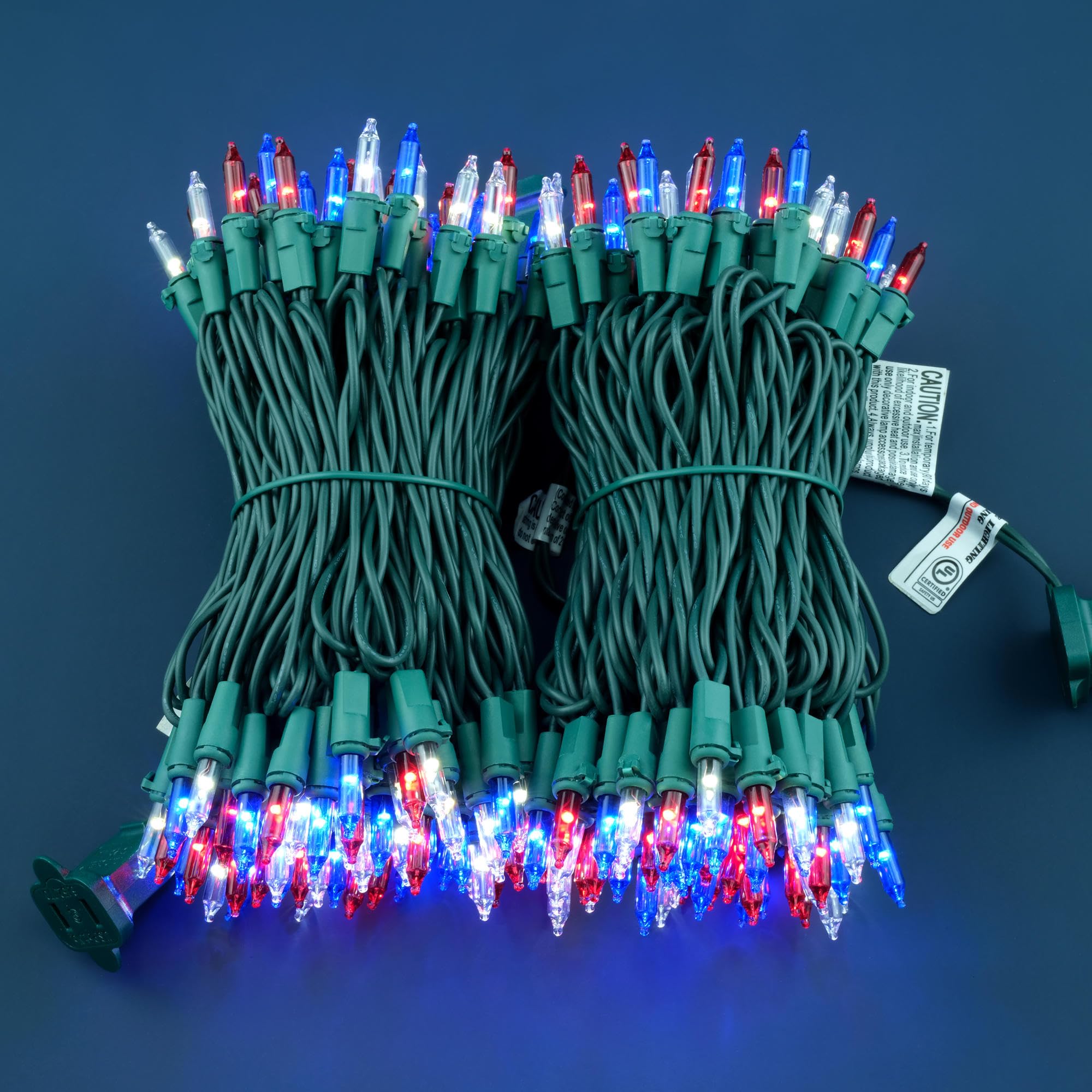 YULETIME 200 Red White & Blue Christmas Lights, 33 Feet, 100 Count, UL Certified, Copper Wire and Glass Bulbs