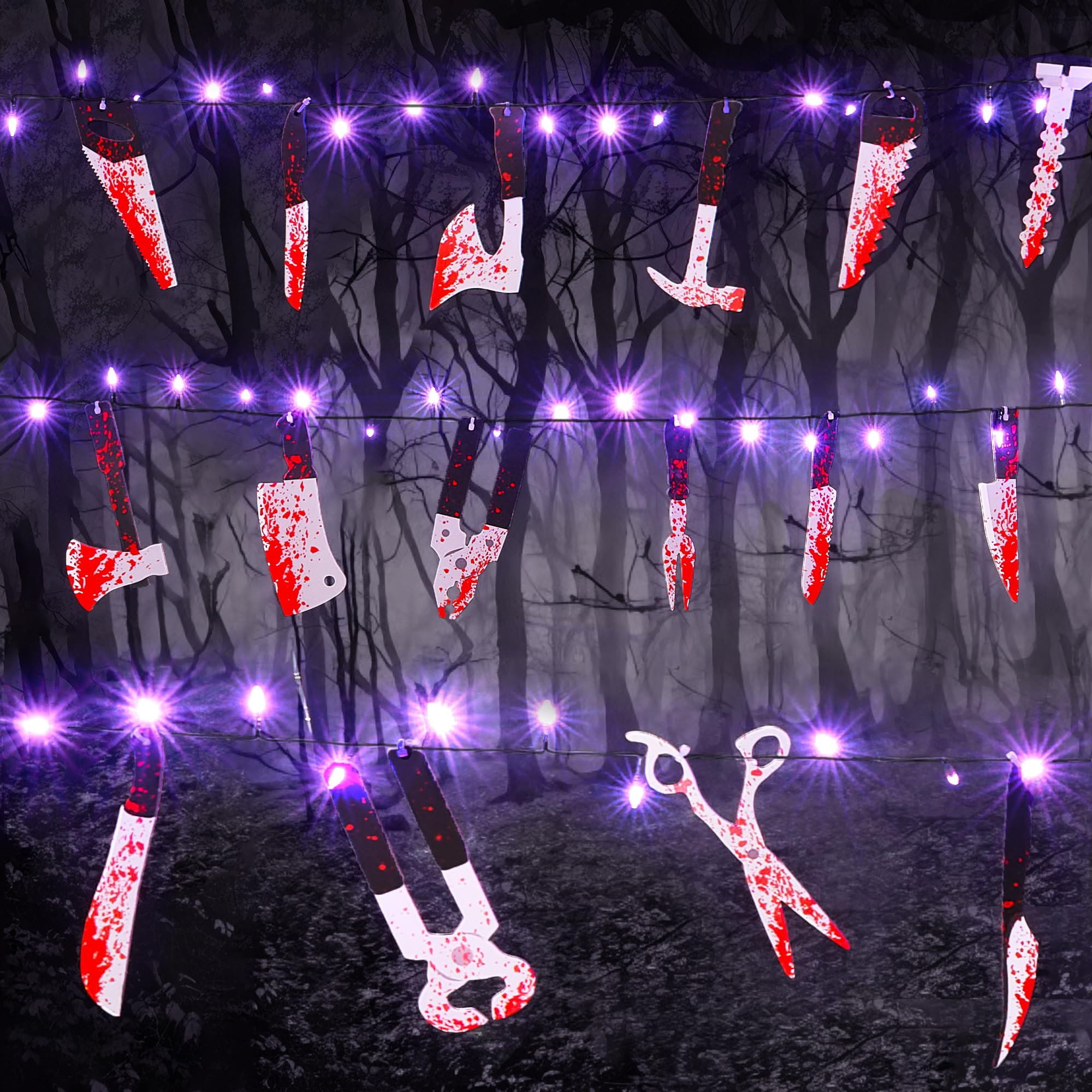 BlcTec Scary Halloween Decorations Props, 12 FT Halloween String Lights with 16 Fake Bloody Knives & 50 LED Purple Big Bulbs, 8 Modes Battery Operated Bloody Party Supplies for Halloween House Décor