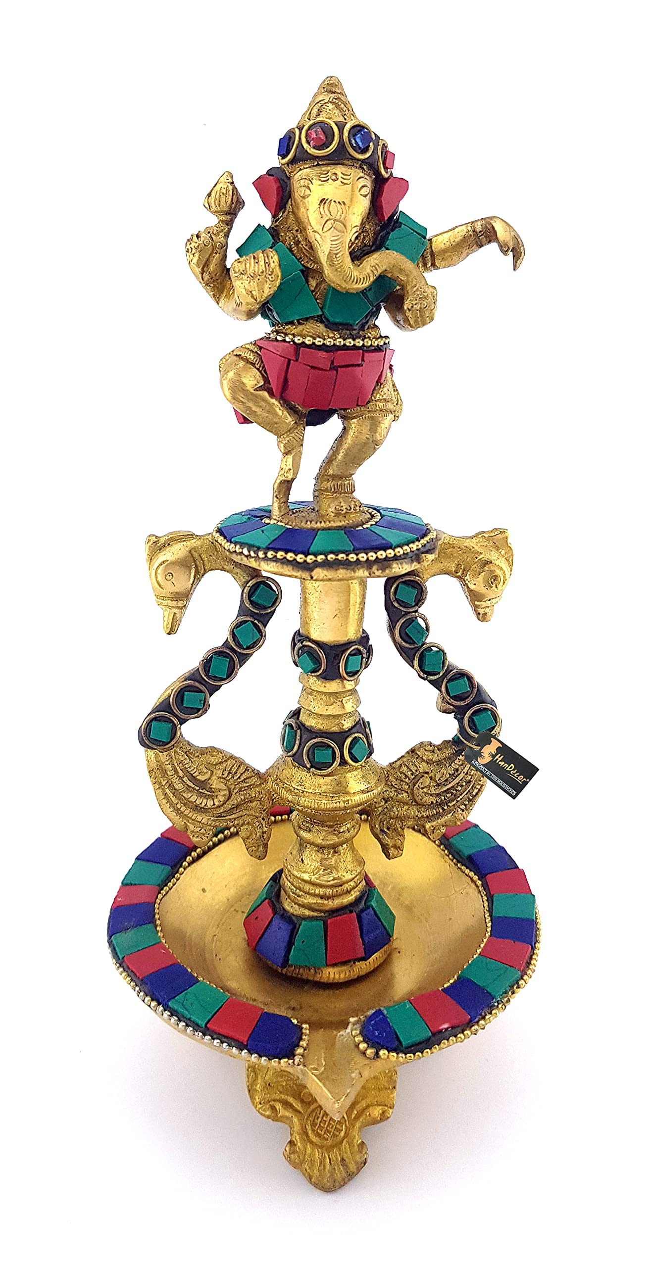 Two Moustaches Dancing Ganesha Gemstone Work Brass Oil Diya, Multicolored, Standard