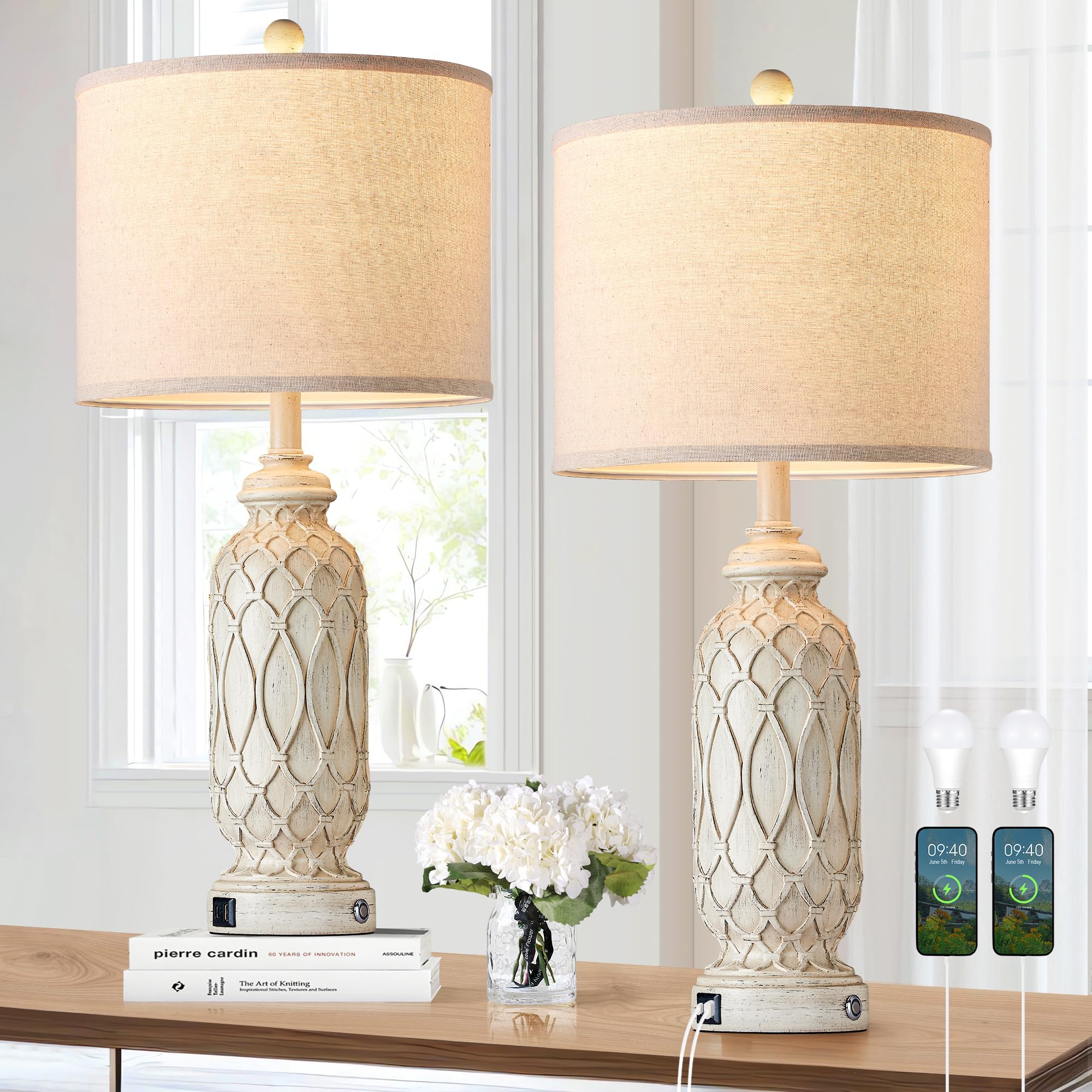 SRJJRS Farmhouse Lamp Set of 2, Rustic Table Lamp with Dual USB Ports, 28in Tall, Off White Linen Shade, Model SE_B2229-1T