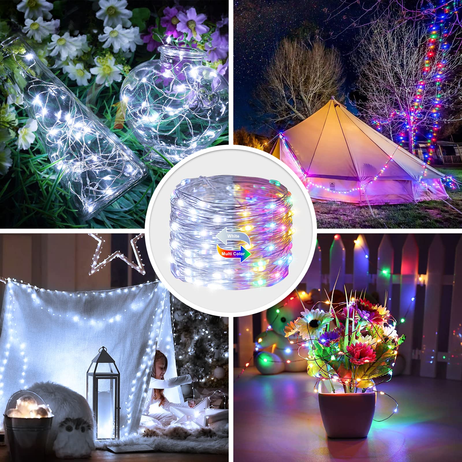 Jmexsuss 2 Pack Color Changing Fairy Lights Battery Operated, 33Ft 100 Led Color Changing Christmas Lights With Remote, 8 Modes Twinkle String Lights For Bedroom Party Decor, Cool White & Multicolor