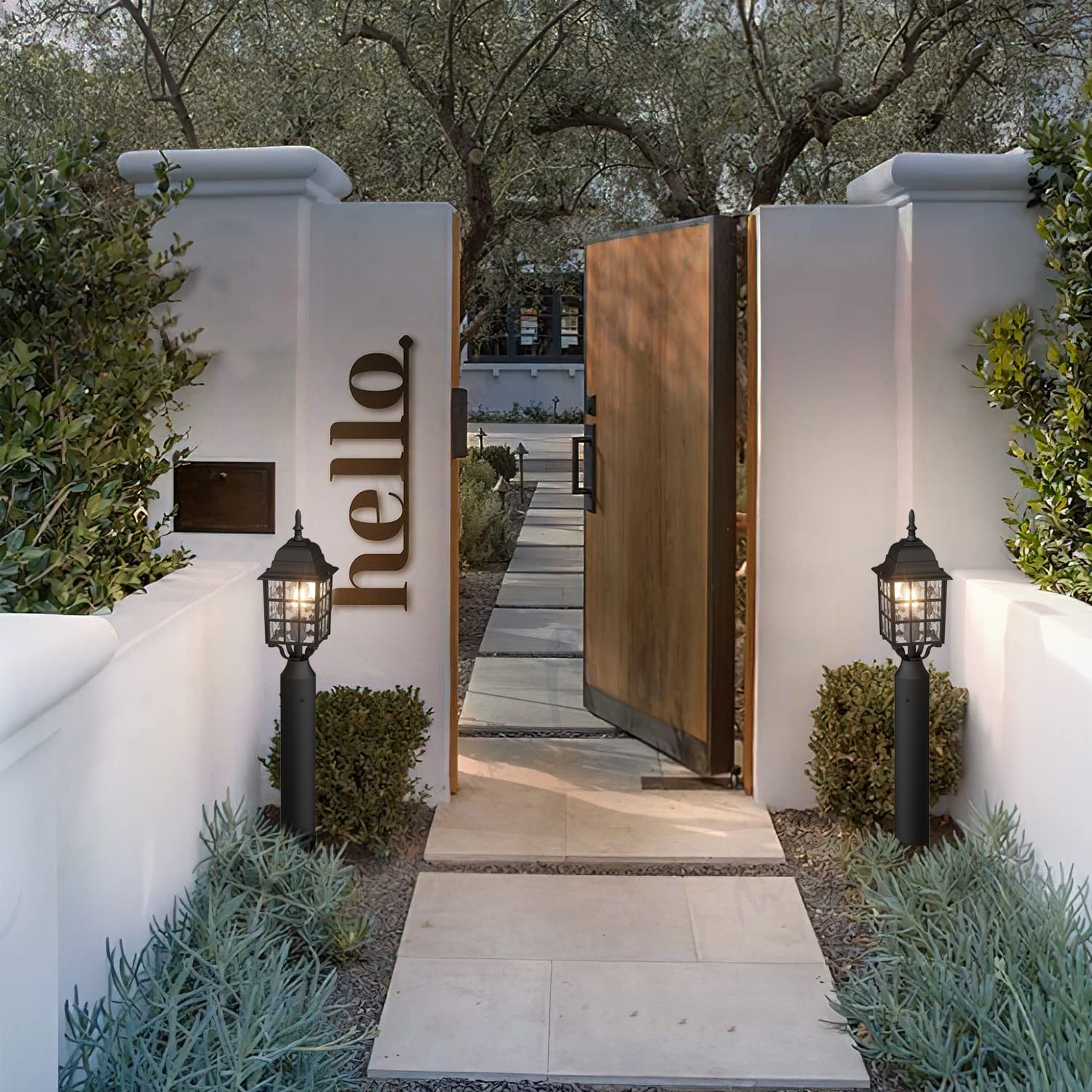 Aoceley 2-Pack Dusk To Dawn Outdoor Post Light With Pier Mount Base, Black Water Ripple Glass