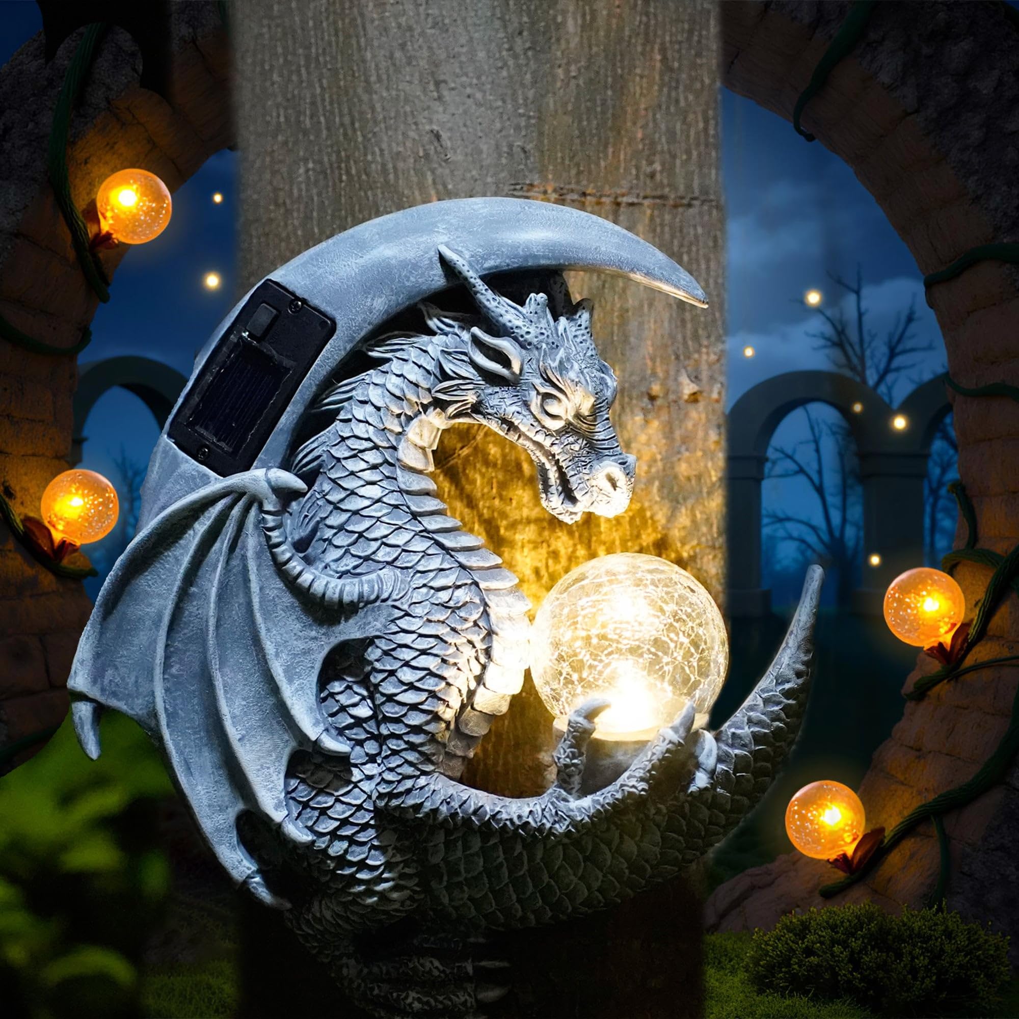memeyou Dragon Tree Hugger Solar Magic Orb Garden Statue Dragon Solar LED Lights Decor Sun Moom for Your Patio Balcony Porch Yar